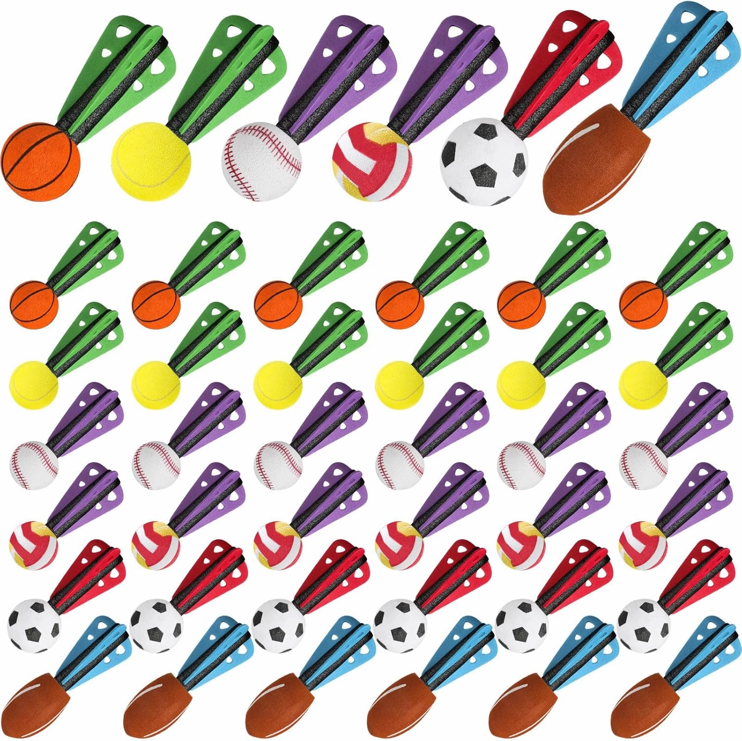 36 Pcs Mini Foam Sports Ball Rocket Launcher Party Favors Fun Flying Baseball Soccer Football Basketball Tennis Volleyball Foam Rocket for Basket Stuffers Gifts Party Favor