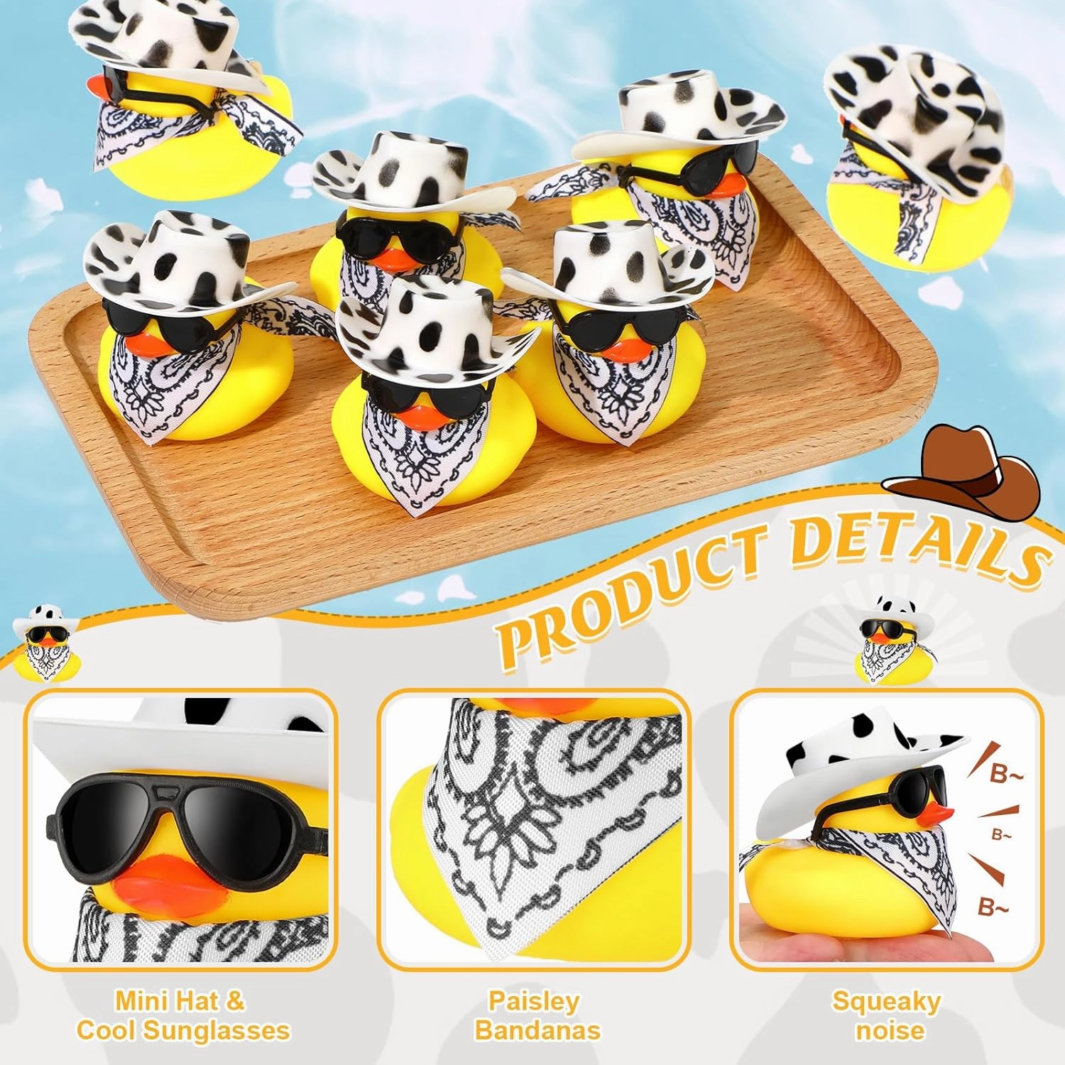 36 Set Cowboy Rubber Duck Mini Yellow Duckies Bath Party Toy Tiny Ducks Bathtub Toy with Cowboy Hat Paisley Bandanas Sunglasses for Summer Baby Shower Birthday Swimming Party (Cow Style)