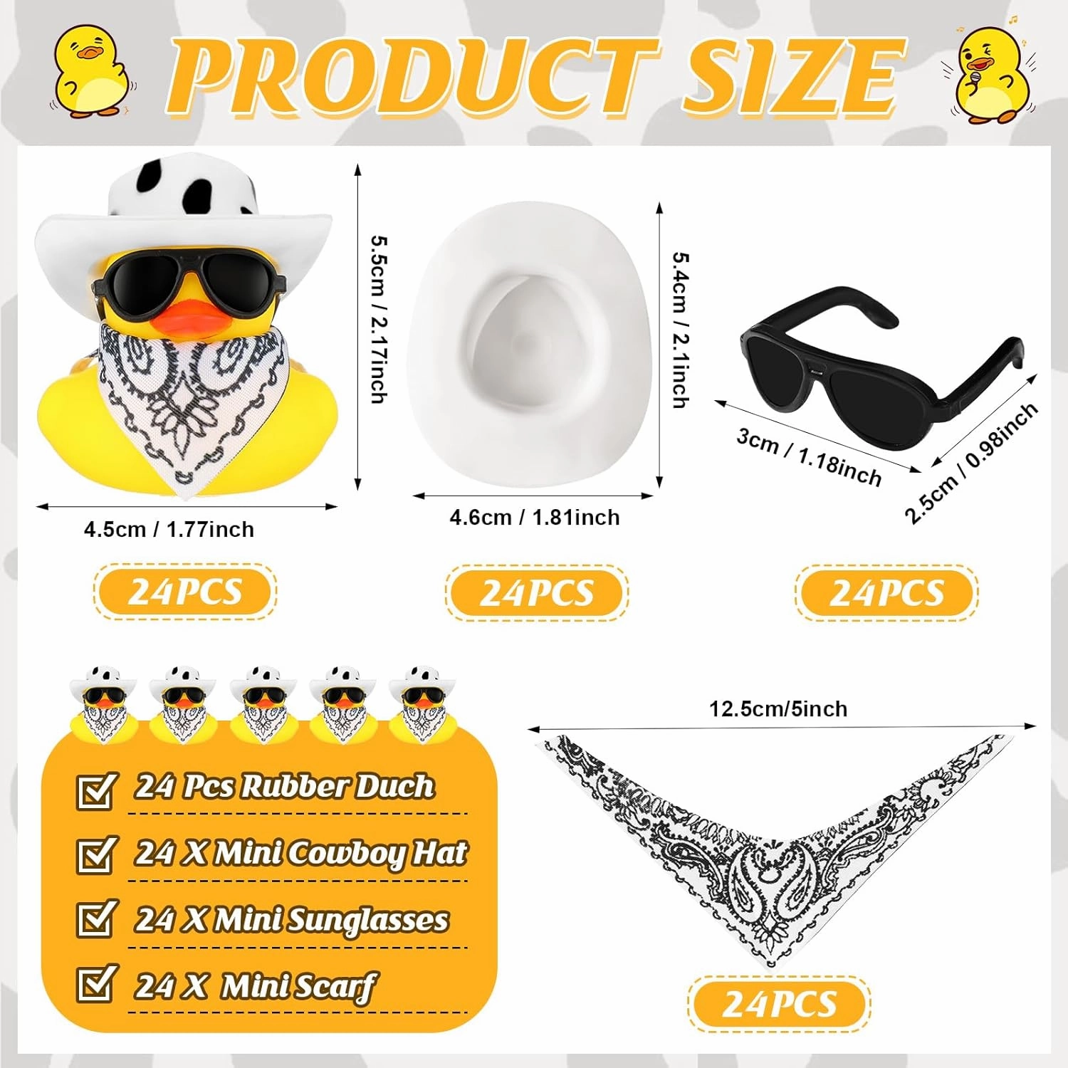 36 Set Cowboy Rubber Duck Mini Yellow Duckies Bath Party Toy Tiny Ducks Bathtub Toy with Cowboy Hat Paisley Bandanas Sunglasses for Summer Baby Shower Birthday Swimming Party (Cow Style)