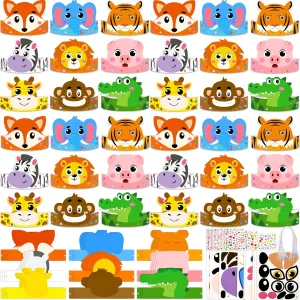 36PCS Jungle Safari Animal Crafts, DIY Paper Crowns Bulk Party Favors for Zoo Birthday Activities, Art and Craft Headbands Kit