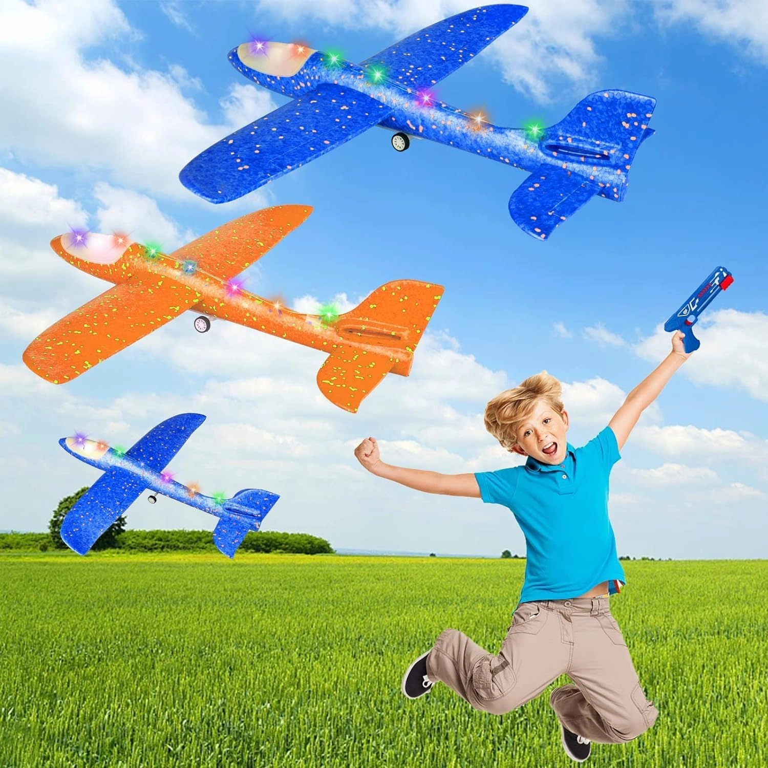 3 Pack Airplane Launcher Toy for Kids, Led Foam Glider with Plane Launcher for Playing Outdoor Flying Toys, Birthday Gifts for Boys Girls 3 4 5 6 7 8-13 Year Old.