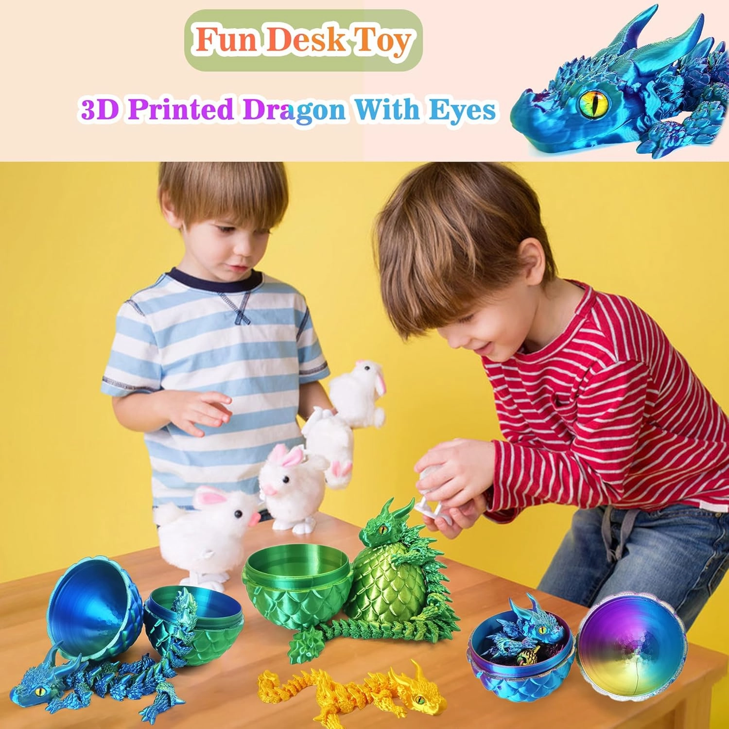 3D Printed Dragon Eggs with Dragon Inside, Large Articulated Dragon Toys with Eyes, Animal Fidget Toy Easter Surprise Eggs Home Decor Executive Desk Toy, Easter Gift for Kids (Blue Green)