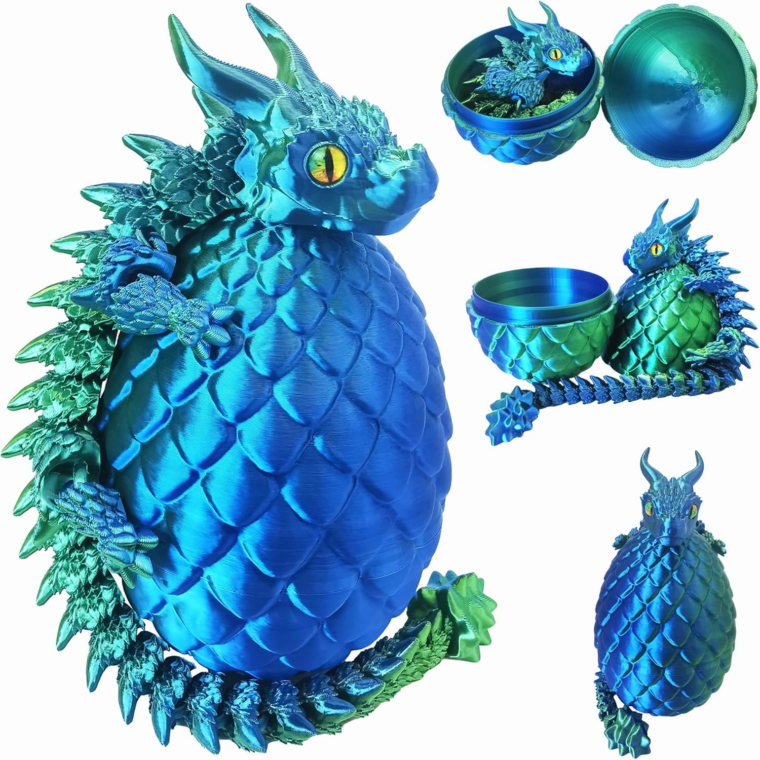 3D Printed Dragon Eggs with Dragon Inside, Large Articulated Dragon Toys with Eyes, Animal Fidget Toy Easter Surprise Eggs Home Decor Executive Desk Toy, Easter Gift for Kids (Blue Green)