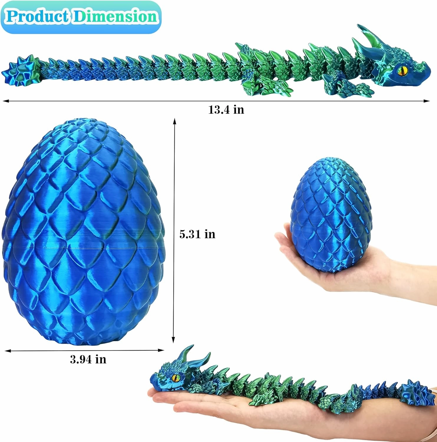 3D Printed Dragon Eggs with Dragon Inside, Large Articulated Dragon Toys with Eyes, Animal Fidget Toy Easter Surprise Eggs Home Decor Executive Desk Toy, Easter Gift for Kids (Blue Green)