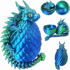 3D Printed Dragon Eggs with Dragon Inside, Large Articulated Dragon Toys with Eyes, Animal Fidget Toy Easter Surprise Eggs Home Decor Executive Desk Toy, Easter Gift for Kids (Blue Green)
