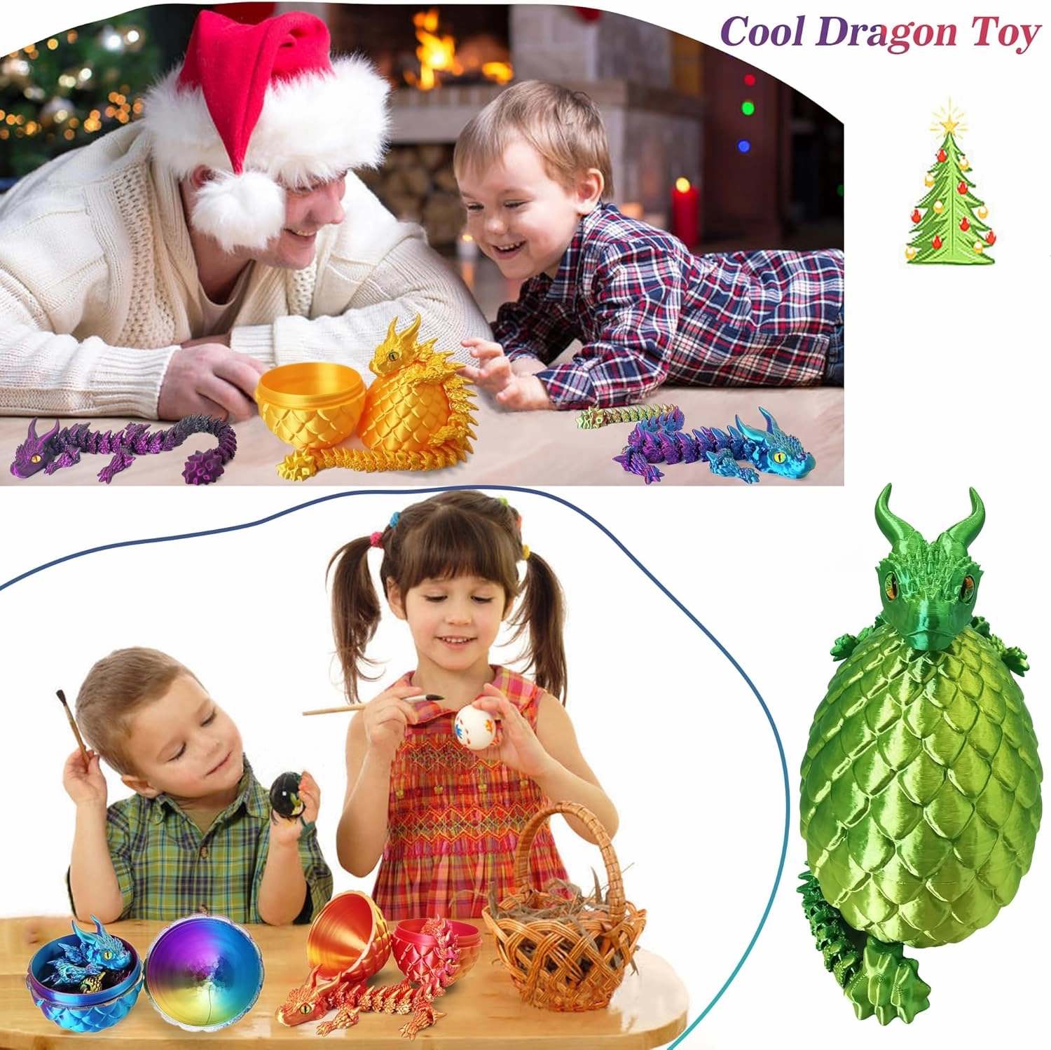 3D Printed Dragon Eggs with Dragon Inside, Large Articulated Dragon Toys with Eyes, Animal Fidget Toy Easter Surprise Eggs Home Decor Executive Desk Toy, Easter Gift for Kids (Blue Green)