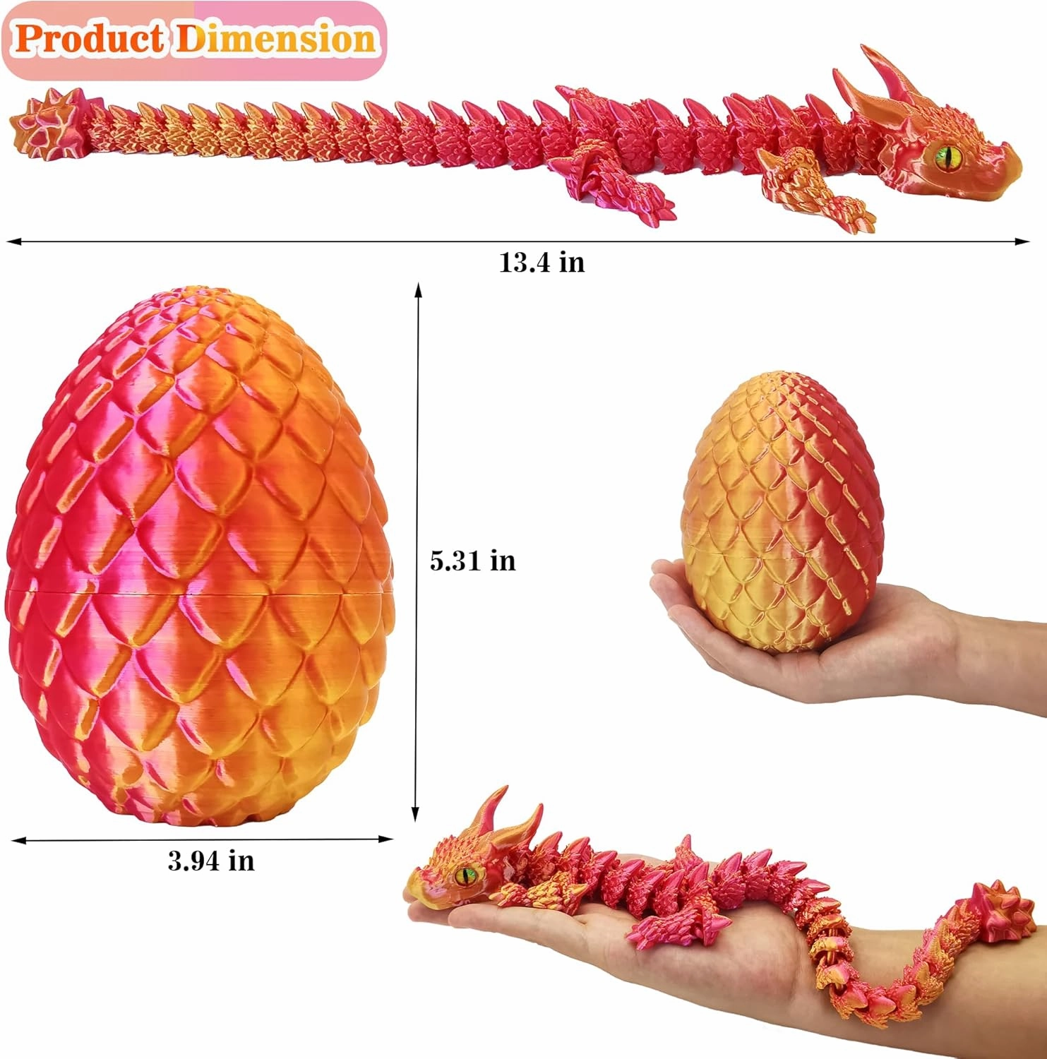 3D Printed Dragon Eggs with Dragon Inside, Large Articulated Dragons Toy with Eyes, Animal Fidget Toys Easter Surprise Eggs Home Decor Executive Desk Toy, Easter Gift for Kids (Red Golden)