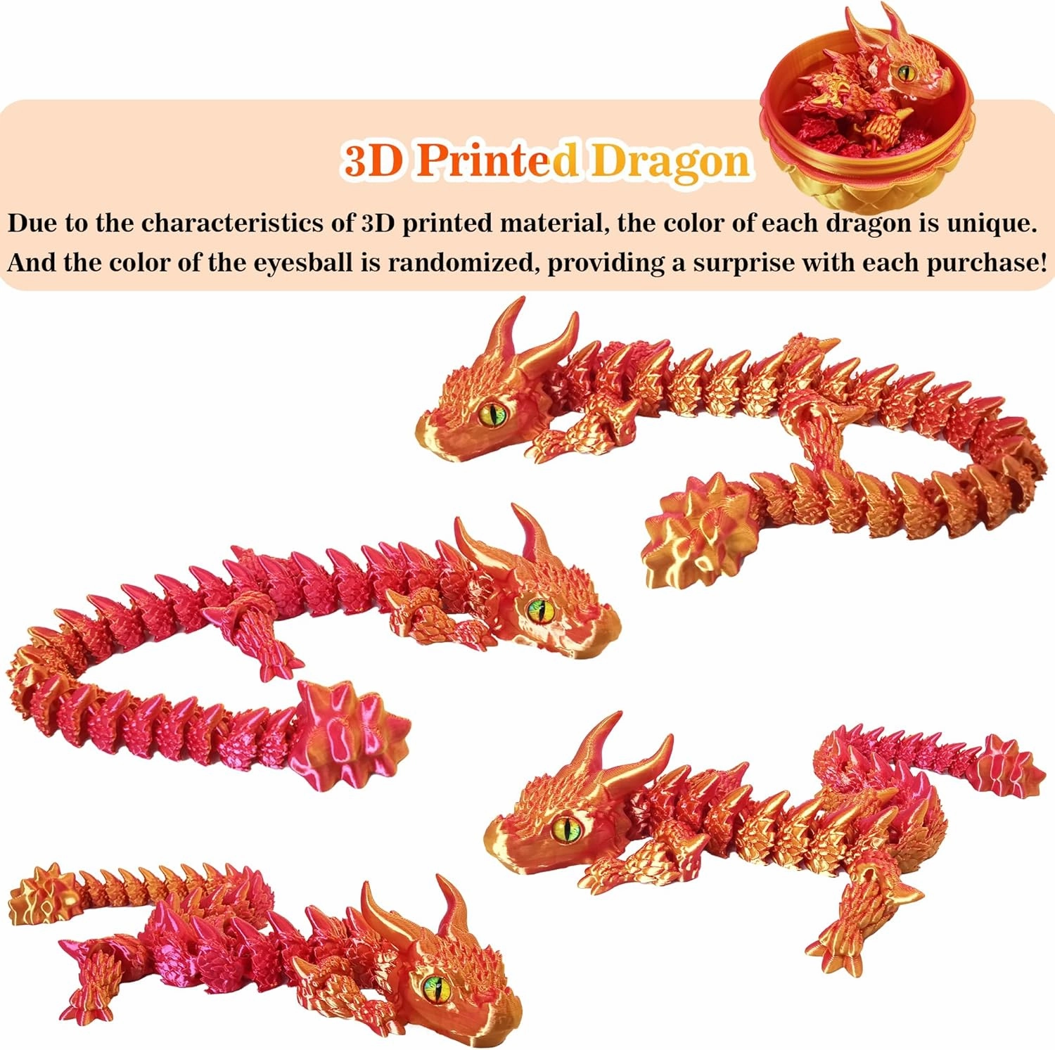 3D Printed Dragon Eggs with Dragon Inside, Large Articulated Dragons Toy with Eyes, Animal Fidget Toys Easter Surprise Eggs Home Decor Executive Desk Toy, Easter Gift for Kids (Red Golden)