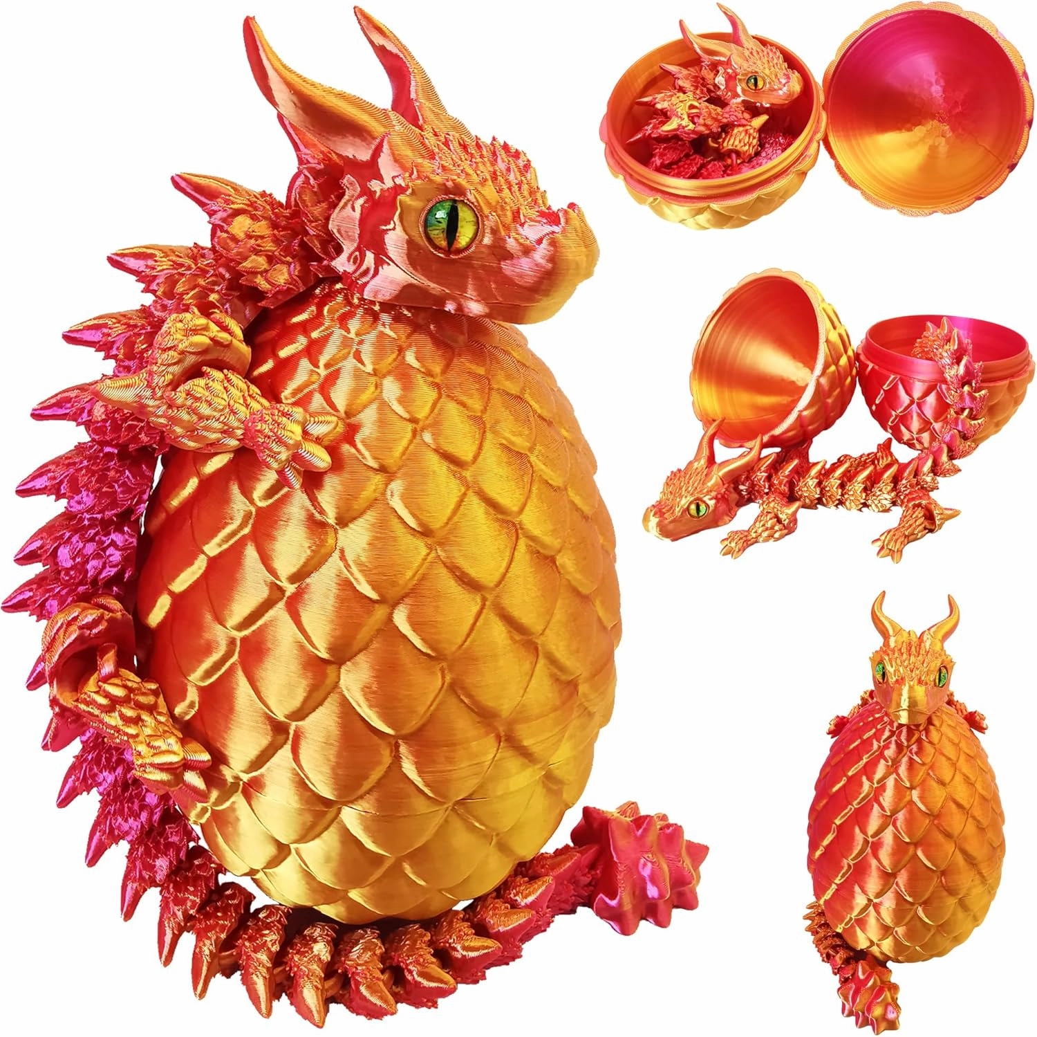 3D Printed Dragon Eggs with Dragon Inside, Large Articulated Dragons Toy with Eyes, Animal Fidget Toys Easter Surprise Eggs Home Decor Executive Desk Toy, Easter Gift for Kids (Red Golden)
