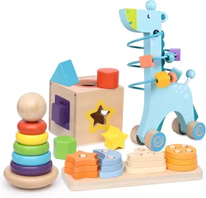 4-in-1 Wooden Montessori Toys for 1  Year Old, Educational Sensory and Baby Learning Toys for Toddlers Aged 1-3 (Blue)