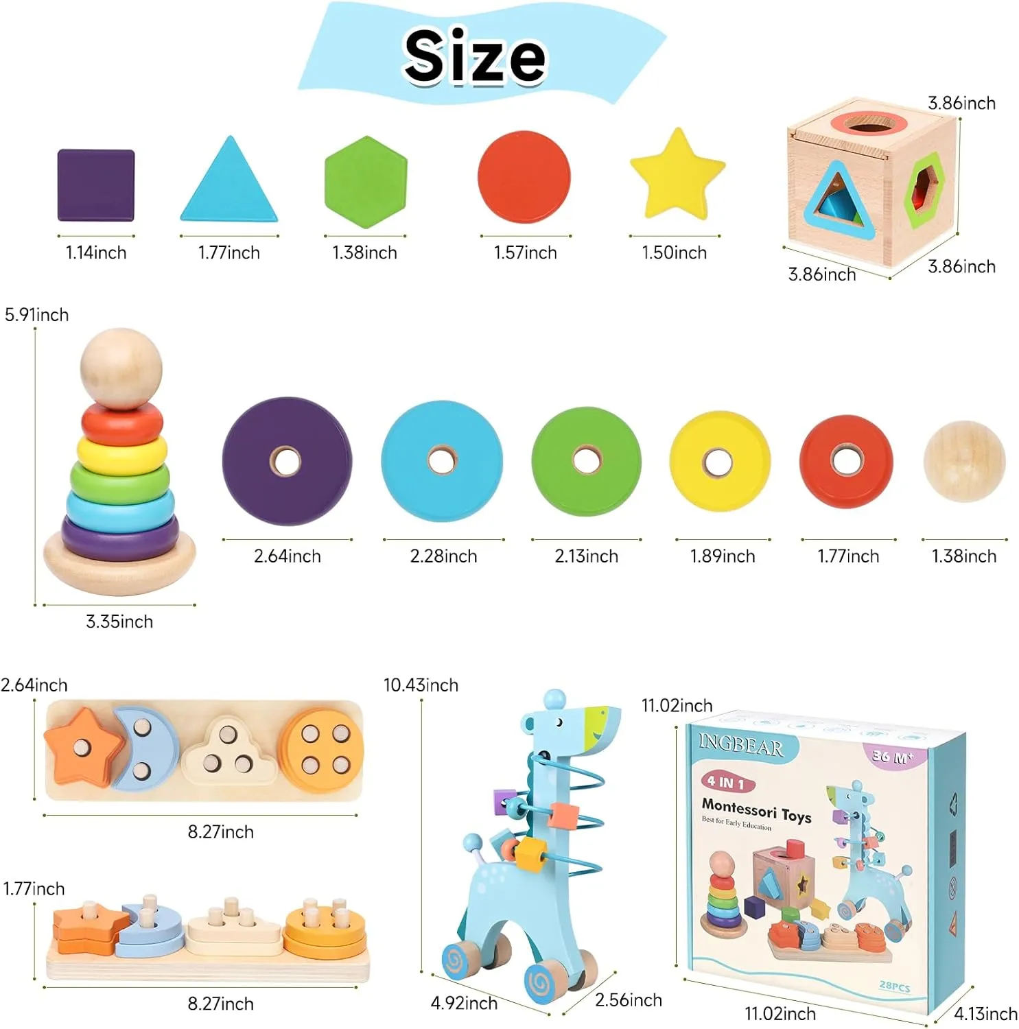 4-in-1 Wooden Montessori Toys for 1  Year Old, Educational Sensory and Baby Learning Toys for Toddlers Aged 1-3 (Blue)