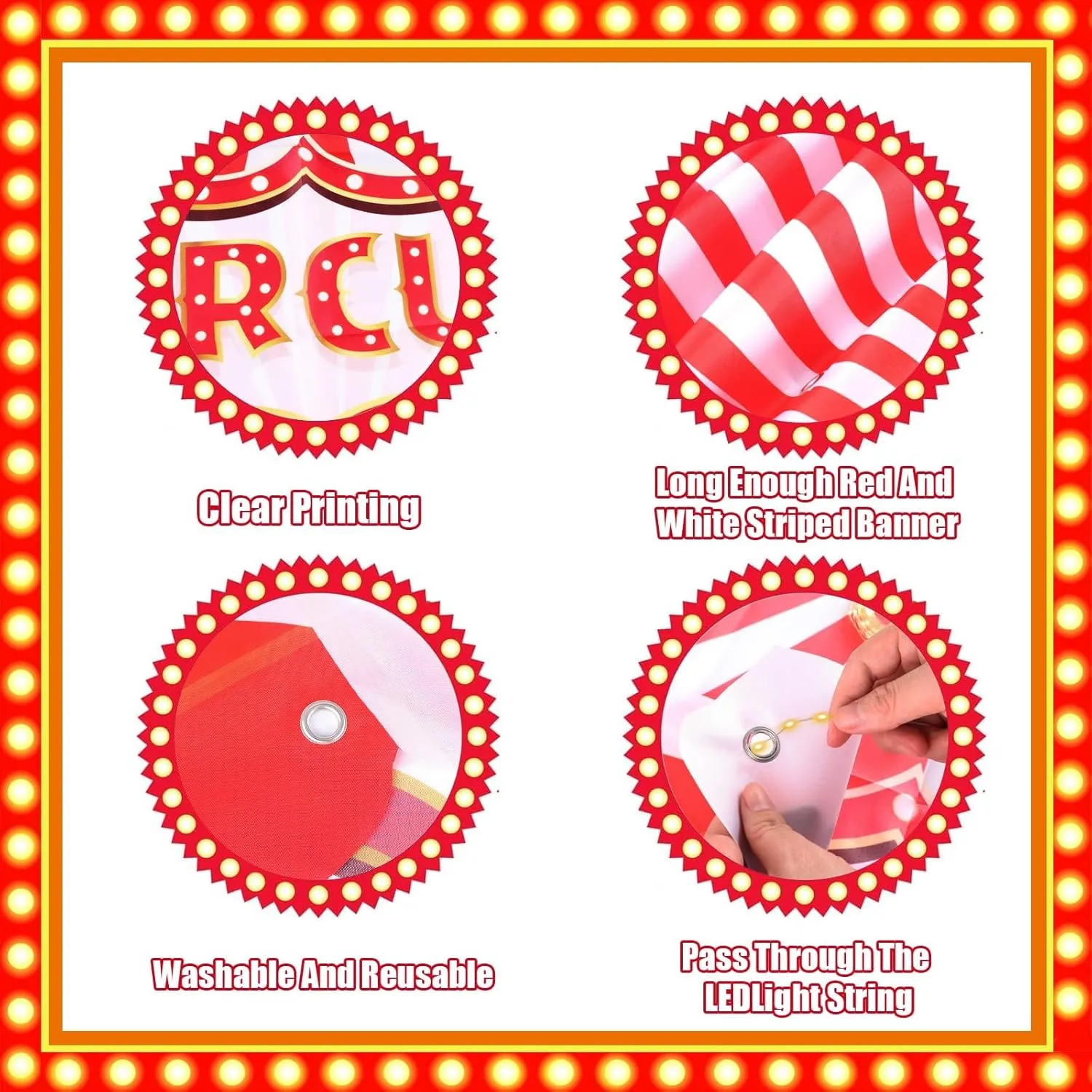 4 Pcs Carnival Party Decorations Circus Theme Awning Tent Decor Red and White Striped Porch Hanging Banner Supplies With 33 FT LED Ligh String for Classroom Circus Birthday Night Celebration Decor
