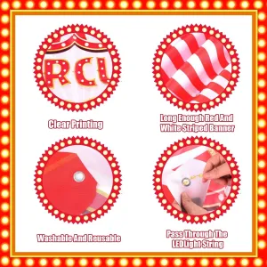 4 Pcs Carnival Party Decorations Circus Theme Awning Tent Decor Red and White Striped Porch Hanging Banner Supplies With 33 FT LED Ligh String for Classroom Circus Birthday Night Celebration Decor