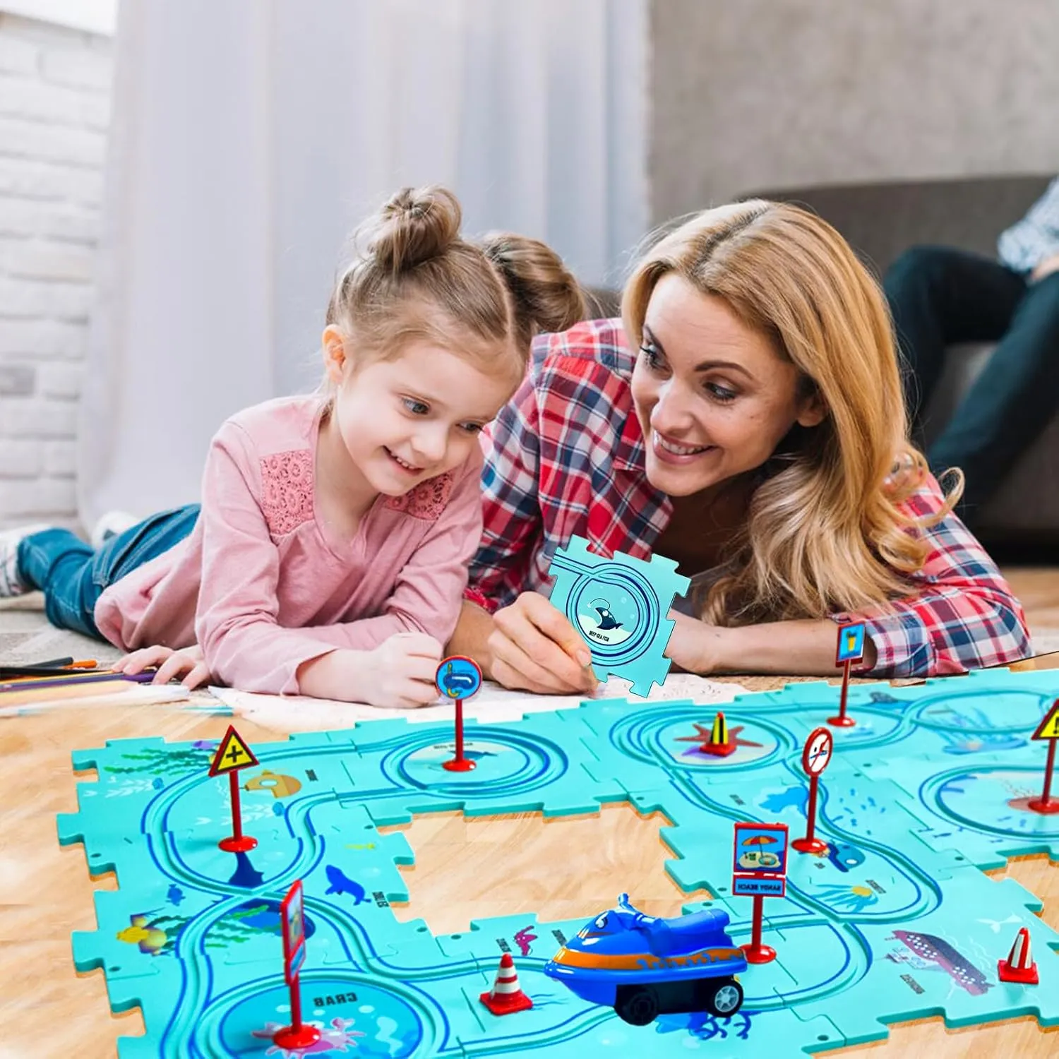 4 Year Old Boy Birthday Gift, Puzzle Racer Kids Car Track Set Puzzle Racer Car Track Set with Roadmap Puzzle Track Car Play Set Toys for 4 Year Old Boys (A-Oceans, Set1-25pcs)