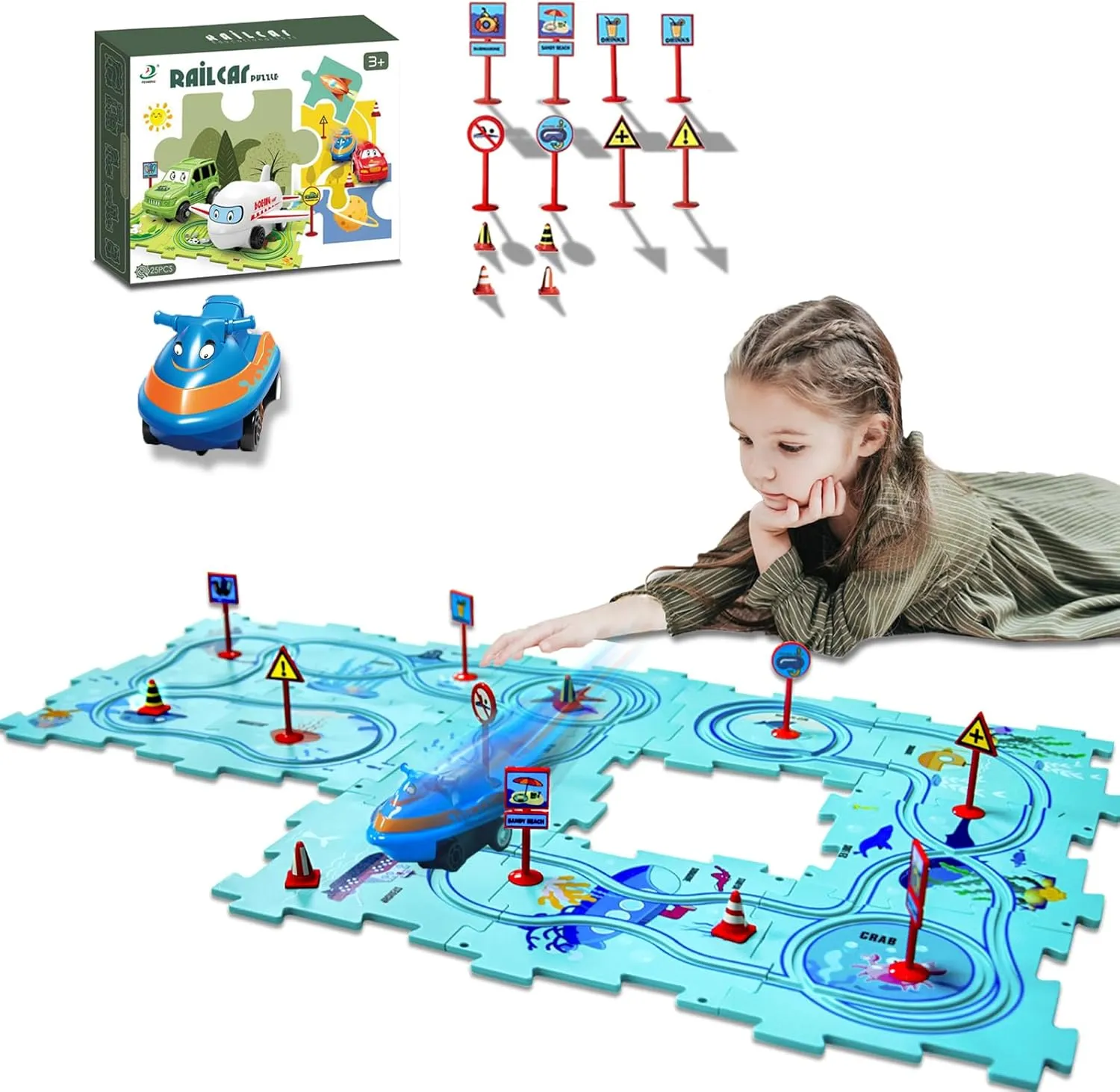 4 Year Old Boy Birthday Gift, Puzzle Racer Kids Car Track Set Puzzle Racer Car Track Set with Roadmap Puzzle Track Car Play Set Toys for 4 Year Old Boys (A-Oceans, Set1-25pcs)