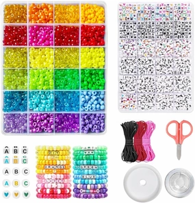 4000 Pcs Pony Beads Bulk, 6*9mm| Friendship Bracelet Making Kit with Assorted Color Plastic Beads in 2 Storage Boxes with 20m Crystal, 30m Elastic String, 3X Braided Ropes & Scissor| Ideal for Jewelry