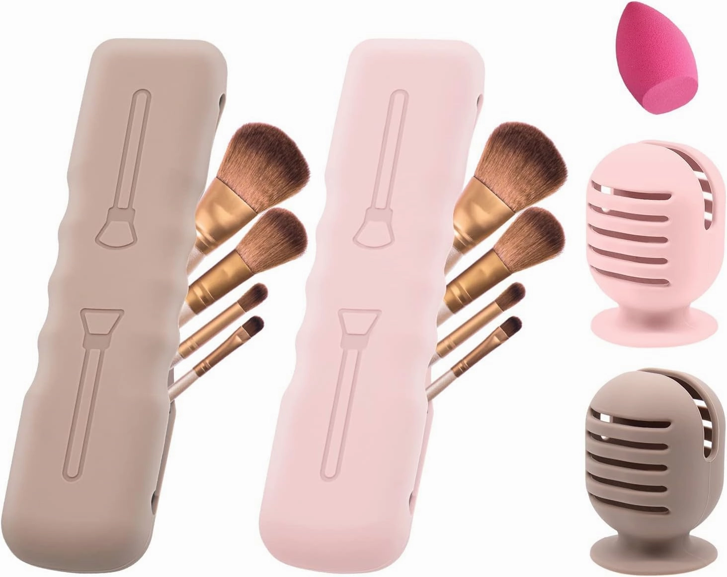 4Pack Brush Sponge Holder, Silicone Makeup Brush Covers Bag, Travel Beauty Blender Holders, Suctioned Drying Stand, Magnetic Brushes Case Organizer for Traveling - Cute Portable Pink, Khaki