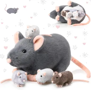 5 Pcs Mouse Stuffed Animals Set 14'' Large Mommy Rat Plush with 4 Small Mouse Babies in Zippered Tummy Stuffed Rat Plush Toys for Girls Boys Birthday Graduation Rat Lover Gift(Cute Style)