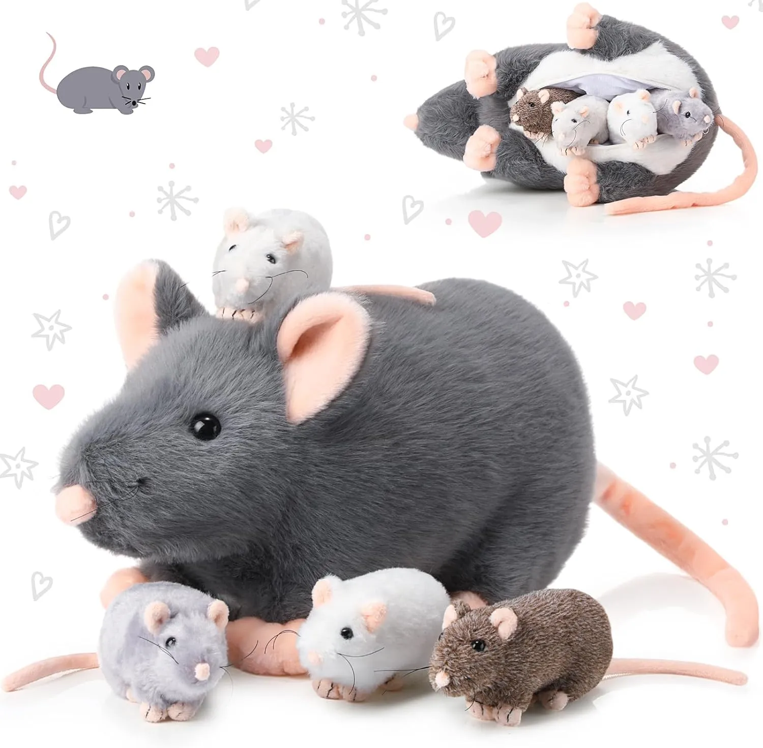 5 Pcs Mouse Stuffed Animals Set 14'' Large Mommy Rat Plush with 4 Small Mouse Babies in Zippered Tummy Stuffed Rat Plush Toys for Girls Boys Birthday Graduation Rat Lover Gift(Cute Style)
