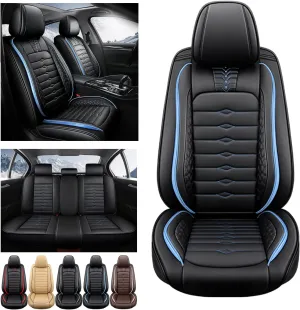 5 Seat Covers for Genesis GV80 2021-2025 Napa Leather Seat Covers Water and Dust Resistant Soft Car Seat Protectors Comfortable Car Seat Covers with Airbags (Black Blue Bars, Standard)