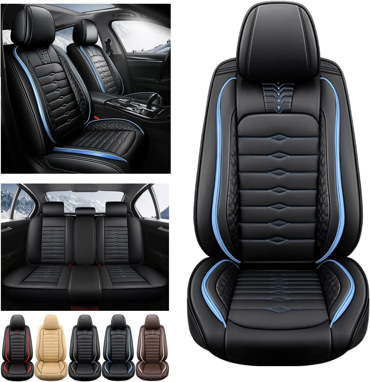 5 Seat Covers for Genesis GV80 2021-2025 Napa Leather Seat Covers Water and Dust Resistant Soft Car Seat Protectors Comfortable Car Seat Covers with Airbags (Black Blue Bars, Standard)