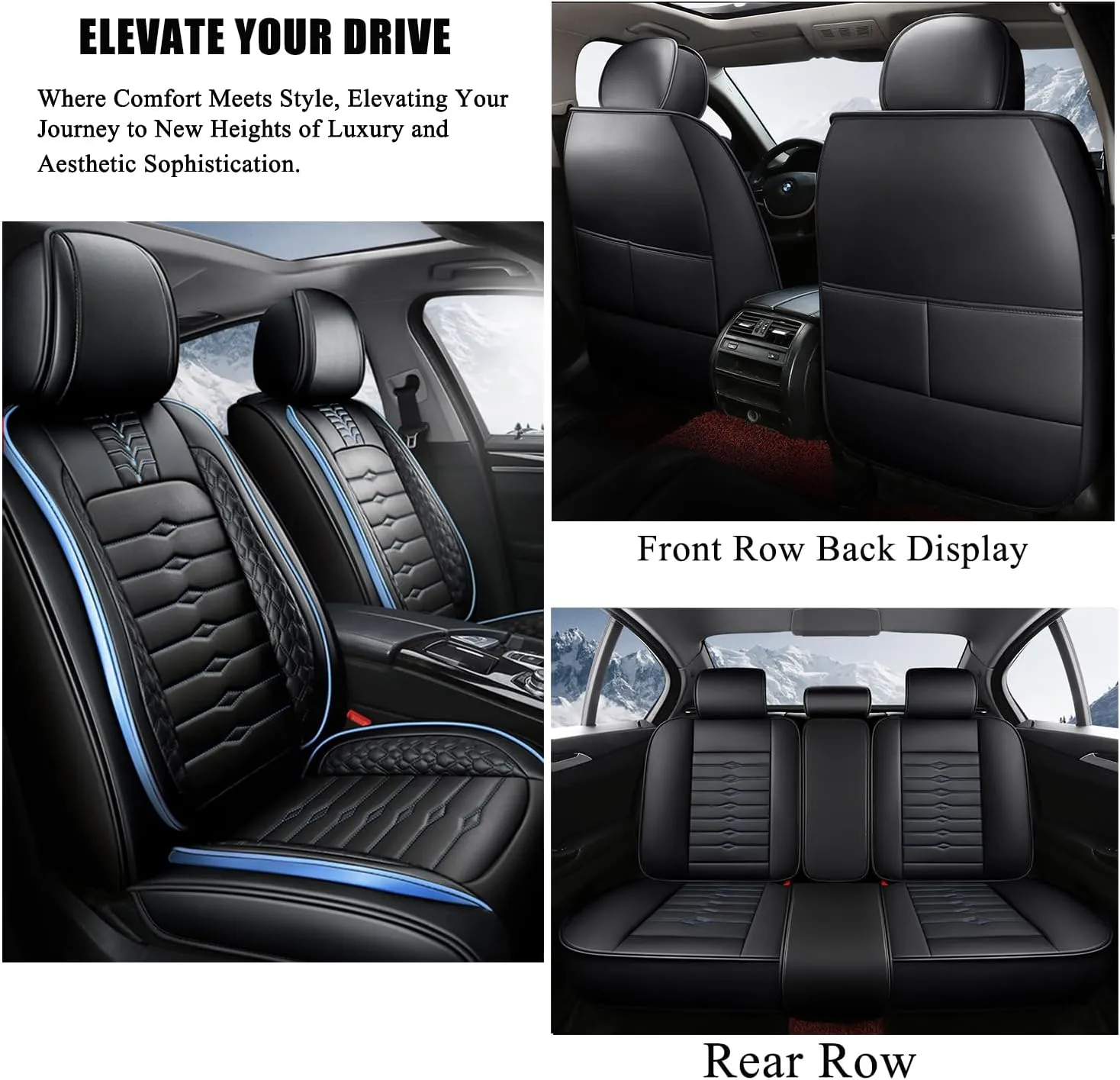 5 Seat Covers for Genesis GV80 2021-2025 Napa Leather Seat Covers Water and Dust Resistant Soft Car Seat Protectors Comfortable Car Seat Covers with Airbags (Black Blue Bars, Standard)