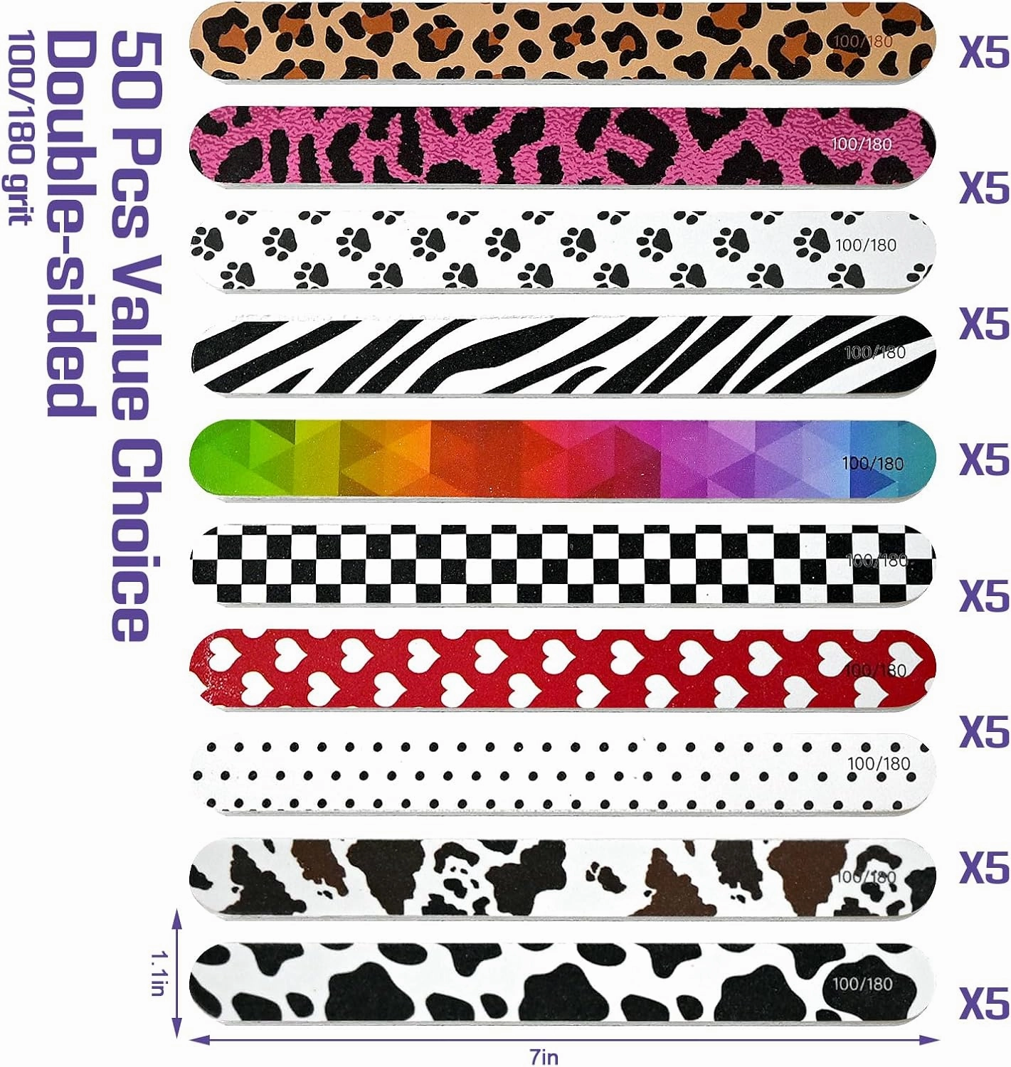 50 Pack Nail Files Gifts in Bulk 100/180 Grit Emery Boards for Women Natural Acrylic Nails Cow Print Leopard Doubled Sided Nail Buffers Nail Care Manicure Kit Salon Home Gifts Bridal Shower Party