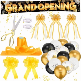 55 Pcs Grand Opening Ribbon Cutting Ceremony Kit Include Giant Grand Opening Banner 45 Latex Balloons 4 Bows Scissor Banner Rope 2 Balloon Ropes Yellow Ribbon for Backdrop Supplies