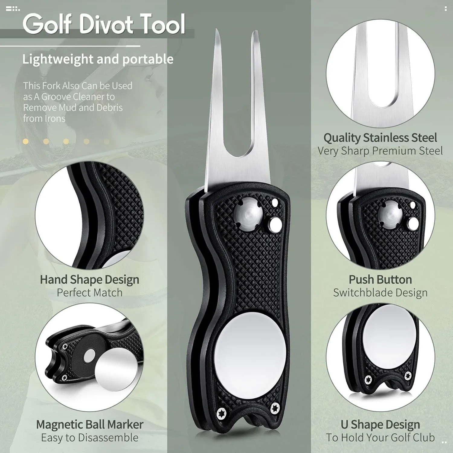 6 Packs Golf Repair Tool Stainless Steel Foldable Golf Divot Tool Magnetic Button Ball Marker