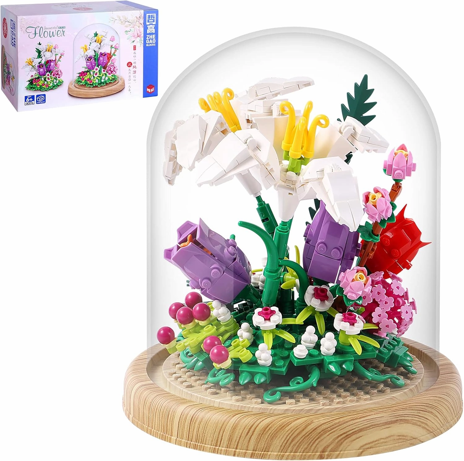 600 PCS Creative Lily Flowers Bonsai Tree Building sets,Sweet Lily Building Blocks with a Transparent Display Glass Cover,Exquisite Decoreated Flower Set,Any time is the most warm love for Her