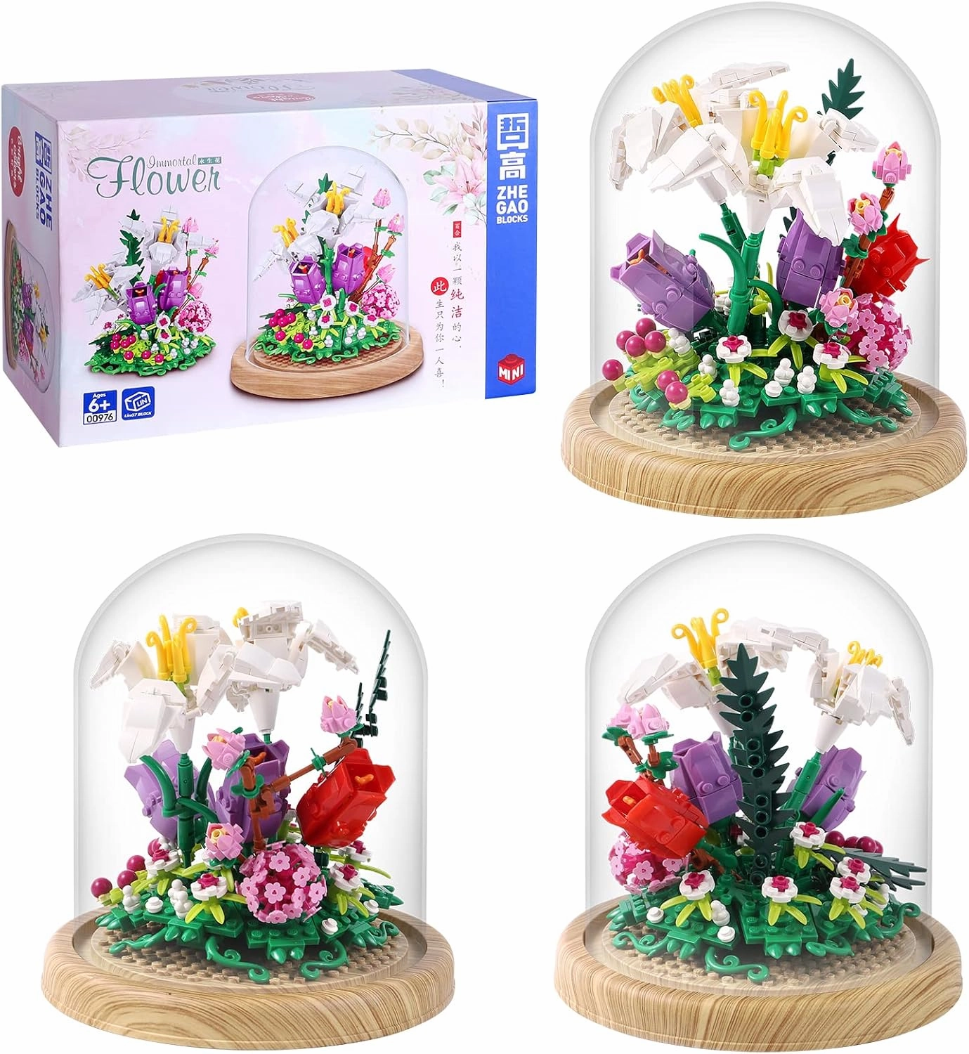 600 PCS Creative Lily Flowers Bonsai Tree Building sets,Sweet Lily Building Blocks with a Transparent Display Glass Cover,Exquisite Decoreated Flower Set,Any time is the most warm love for Her