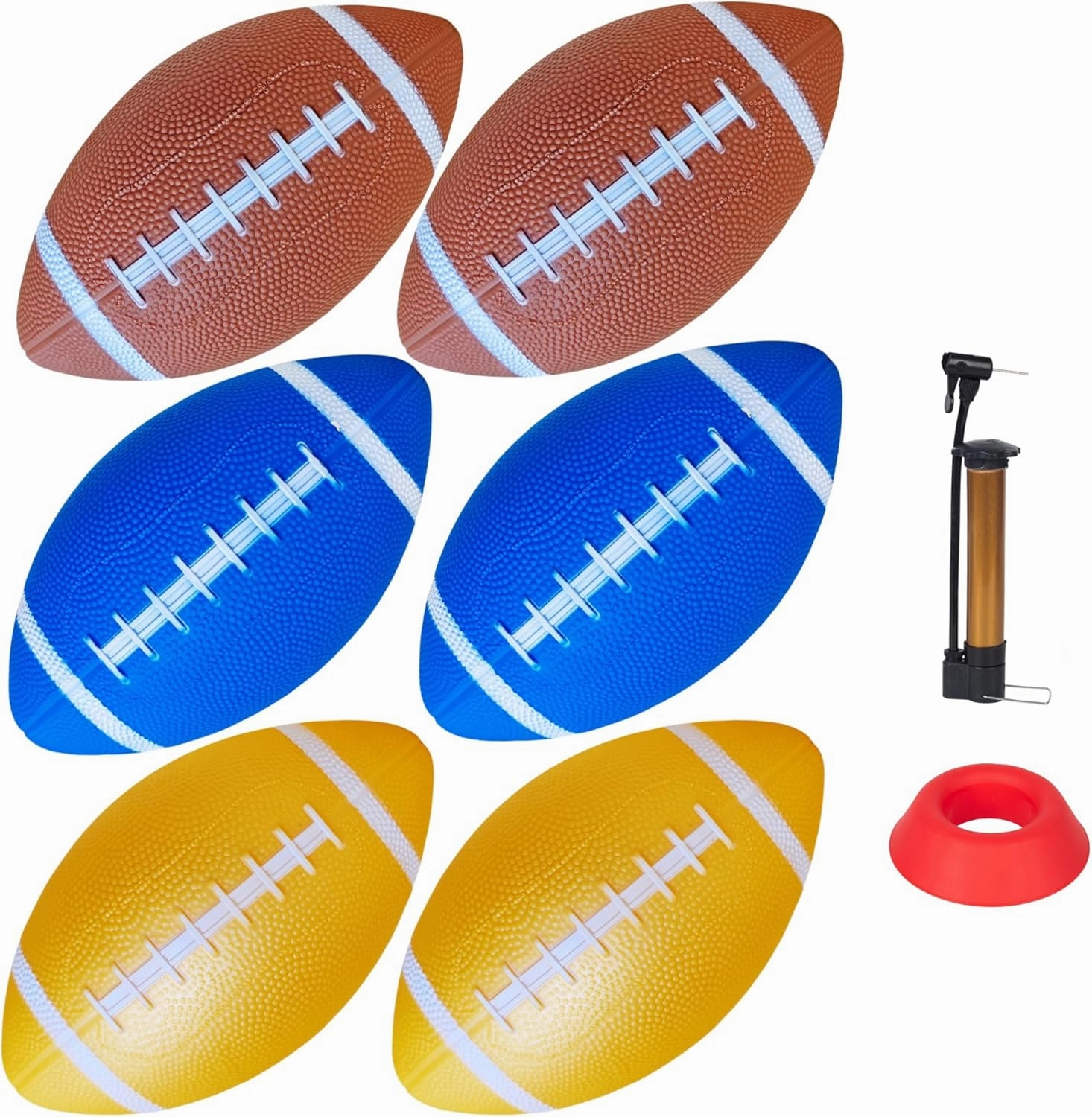 6 Pack 9" Mini Inflatable Rubber Footballs Party Favors, Small Footballs, Peewee Size Footballs for Kids, Junior Outdoor and Indoor Games - Sports Balls Playground Ball with Pump and Kicking Tee