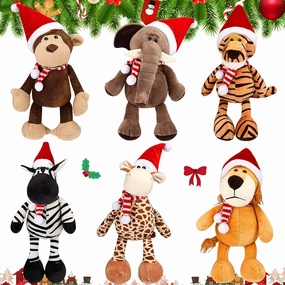 6 Pieces 11.8 Inch Christmas Stuffed Animal Christmas Plush Monkey Giraffe Elephant Lion Tiger Zebra for Kids, Safari Party Decorations