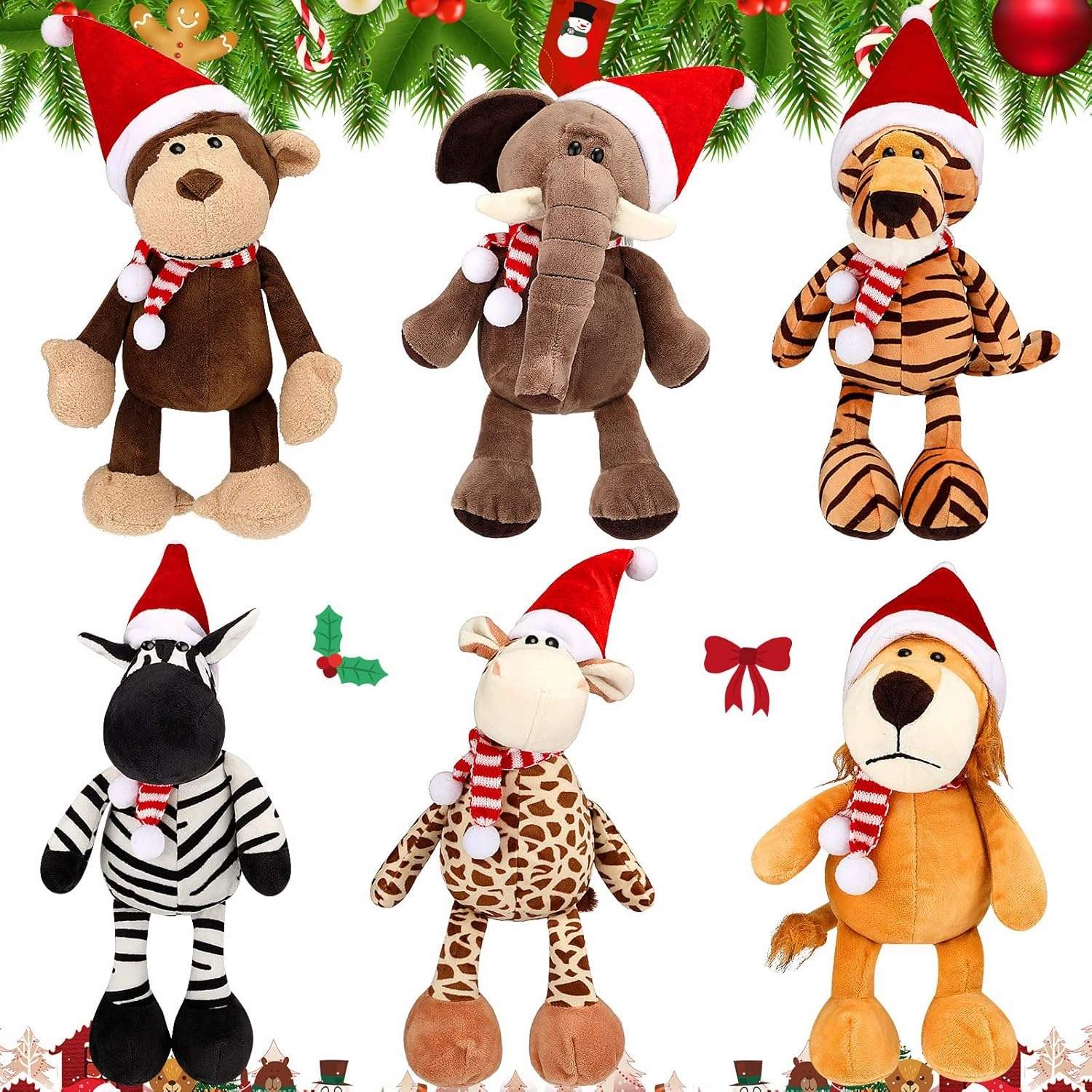 6 Pieces 11.8 Inch Christmas Stuffed Animal Christmas Plush Monkey Giraffe Elephant Lion Tiger Zebra for Kids, Safari Party Decorations