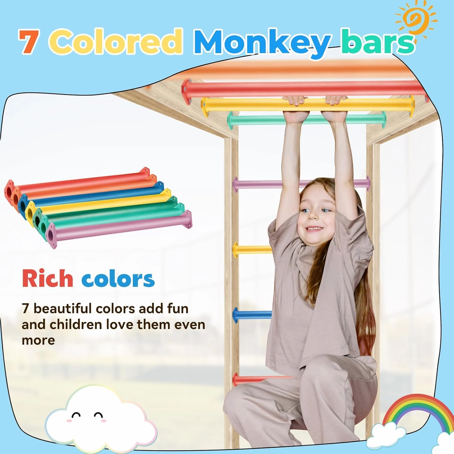 7 Colors 22 Inch Steel Monkey Bars Ladder Rungs Set for Backyards Playground and Children Indoor and Outdoor Climbing Kit (28 Pack)