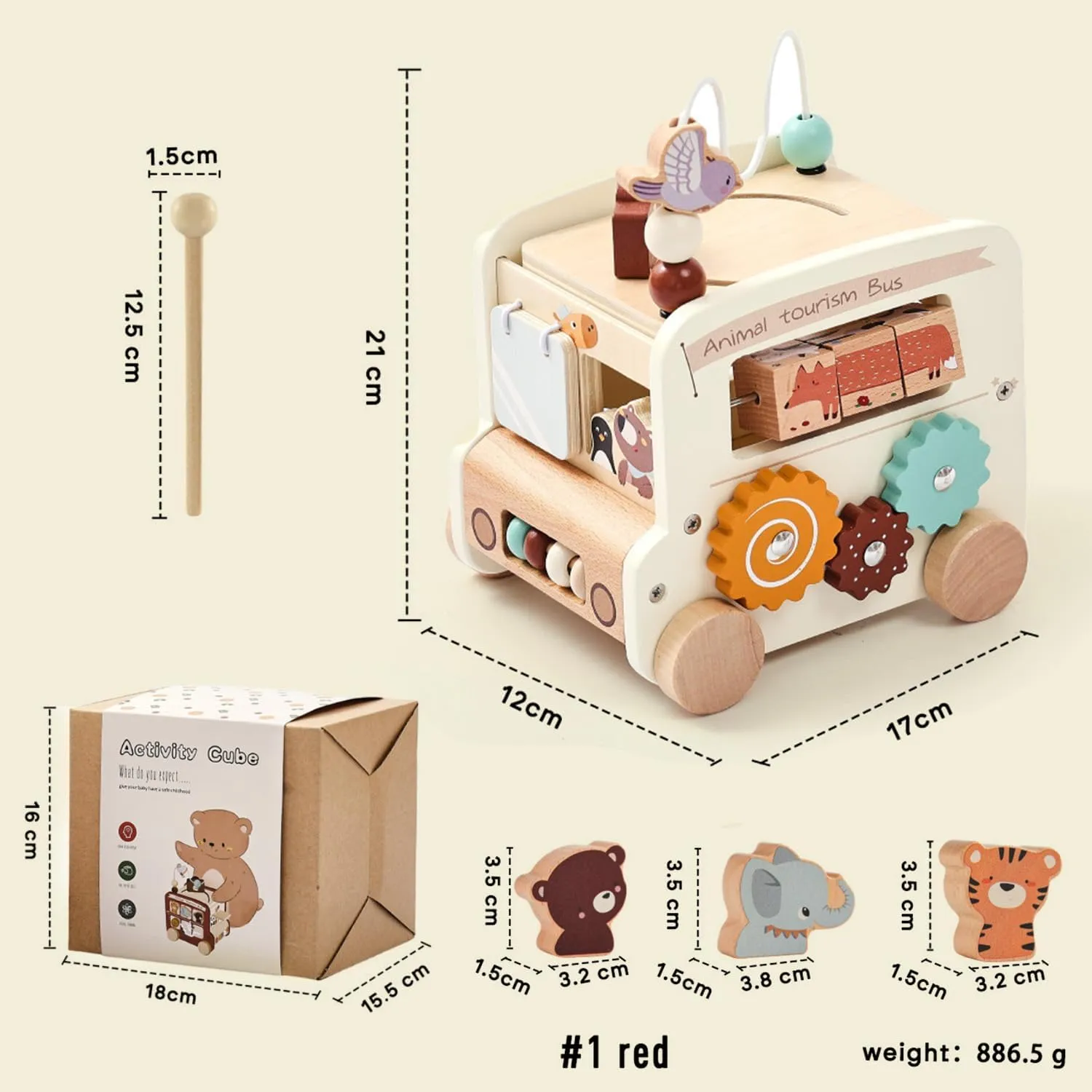 8-in-1 Montessori Wooden Activity Cube, for Babies 18 Months , Animal Tourism Bus Shape, Essential for Intellectual Enlightenment