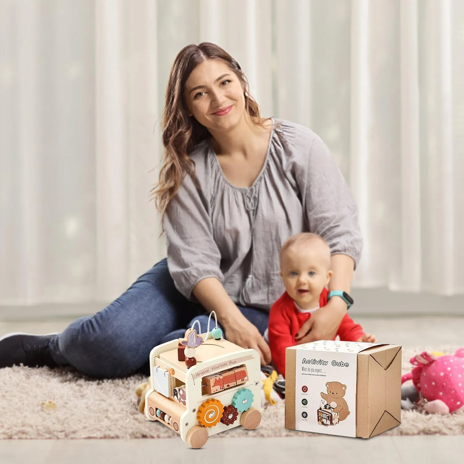 8-in-1 Montessori Wooden Activity Cube, for Babies 18 Months , Animal Tourism Bus Shape, Essential for Intellectual Enlightenment