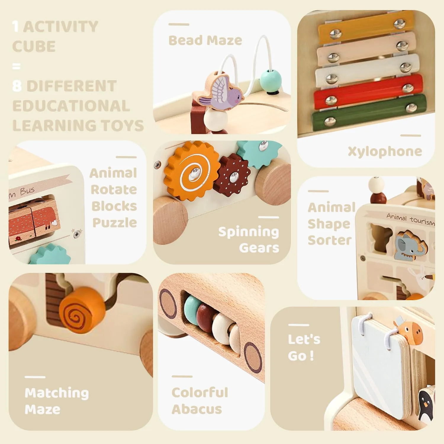 8-in-1 Montessori Wooden Activity Cube, for Babies 18 Months , Animal Tourism Bus Shape, Essential for Intellectual Enlightenment