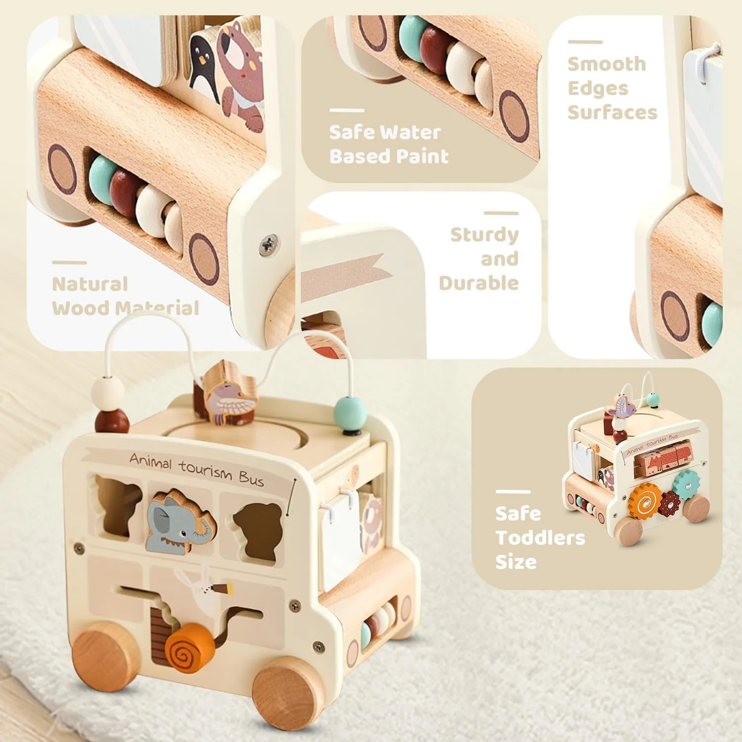 8-in-1 Montessori Wooden Activity Cube, for Babies 18 Months , Animal Tourism Bus Shape, Essential for Intellectual Enlightenment