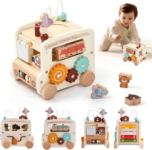 8-in-1 Montessori Wooden Activity Cube, for Babies 18 Months , Animal Tourism Bus Shape, Essential for Intellectual Enlightenment