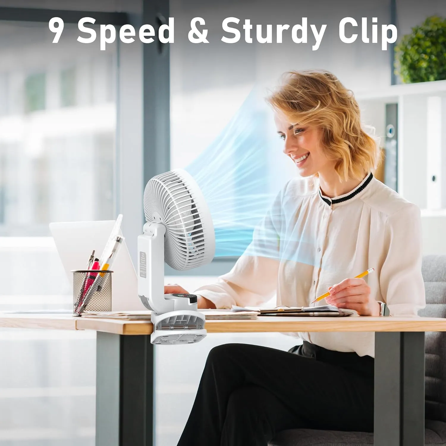 8 inch Desk Fan, 20000mAh Rechargeable Clip On Fan with Atmosphere Light, Battery Operated, 112 Hours Work, 9 Speed Ultra Quiet, Auto Oscillation Table Fan for Travel Camping Bedroom Office Home
