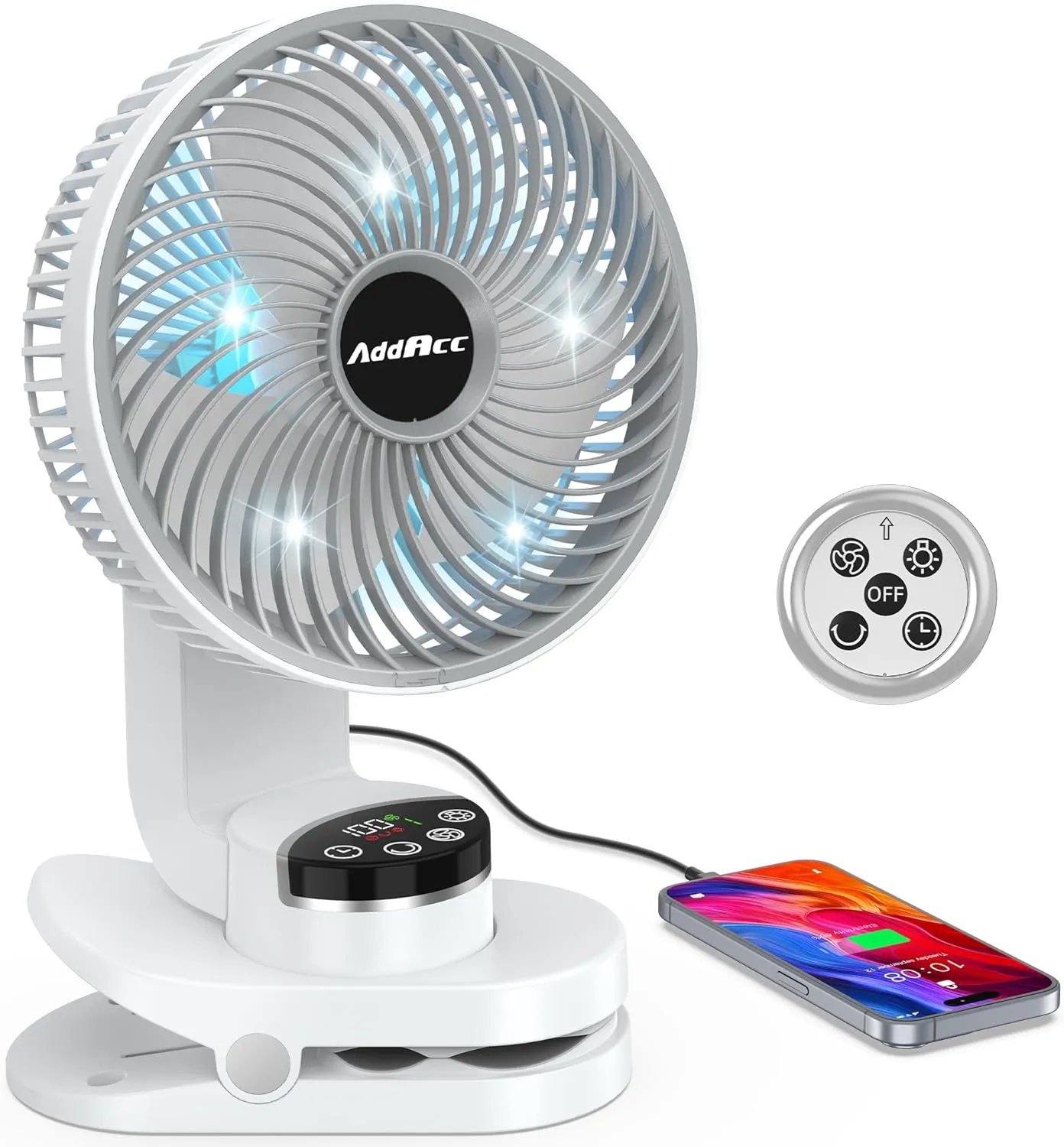 8 inch Desk Fan, 20000mAh Rechargeable Clip On Fan with Atmosphere Light, Battery Operated, 112 Hours Work, 9 Speed Ultra Quiet, Auto Oscillation Table Fan for Travel Camping Bedroom Office Home