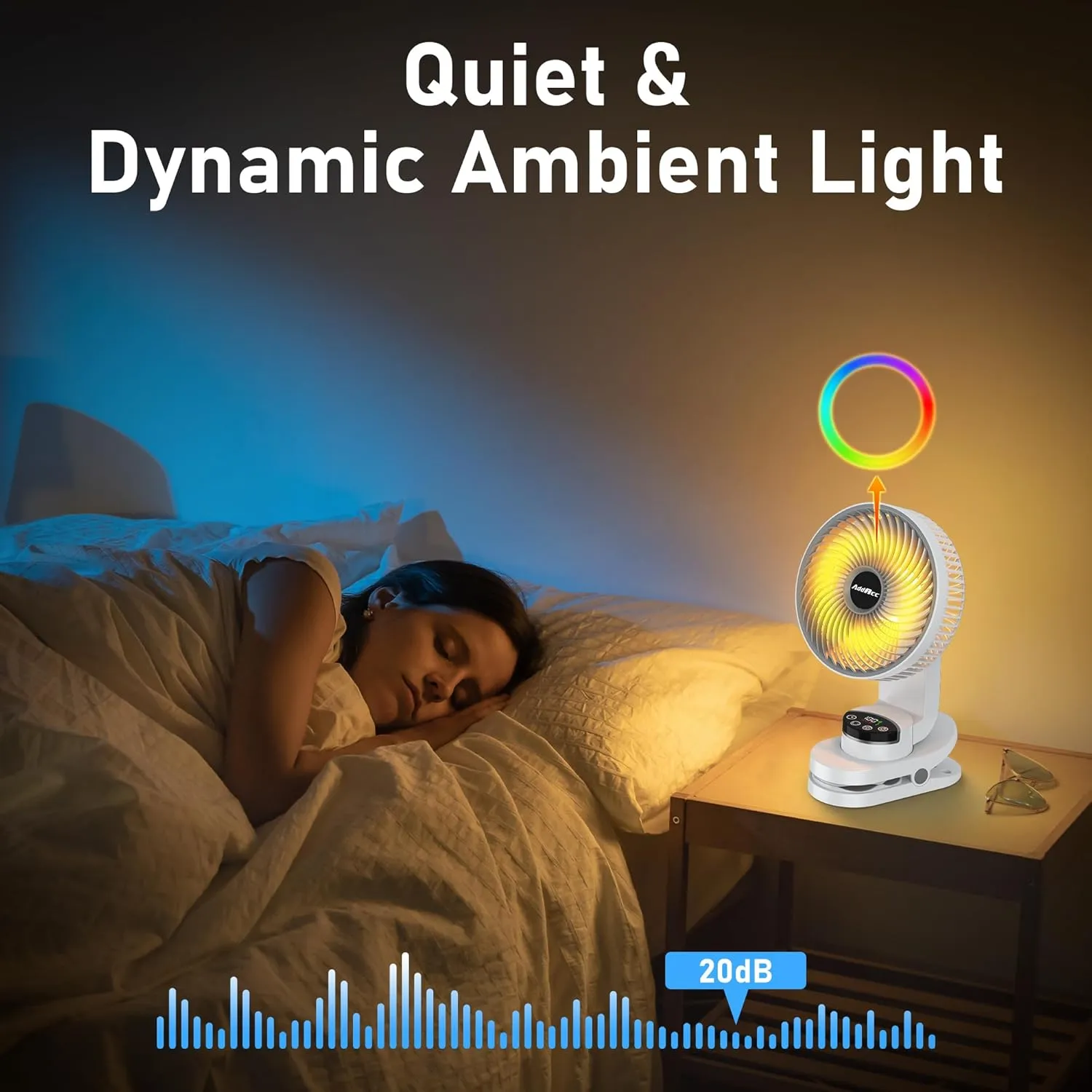8 inch Desk Fan, 20000mAh Rechargeable Clip On Fan with Atmosphere Light, Battery Operated, 112 Hours Work, 9 Speed Ultra Quiet, Auto Oscillation Table Fan for Travel Camping Bedroom Office Home