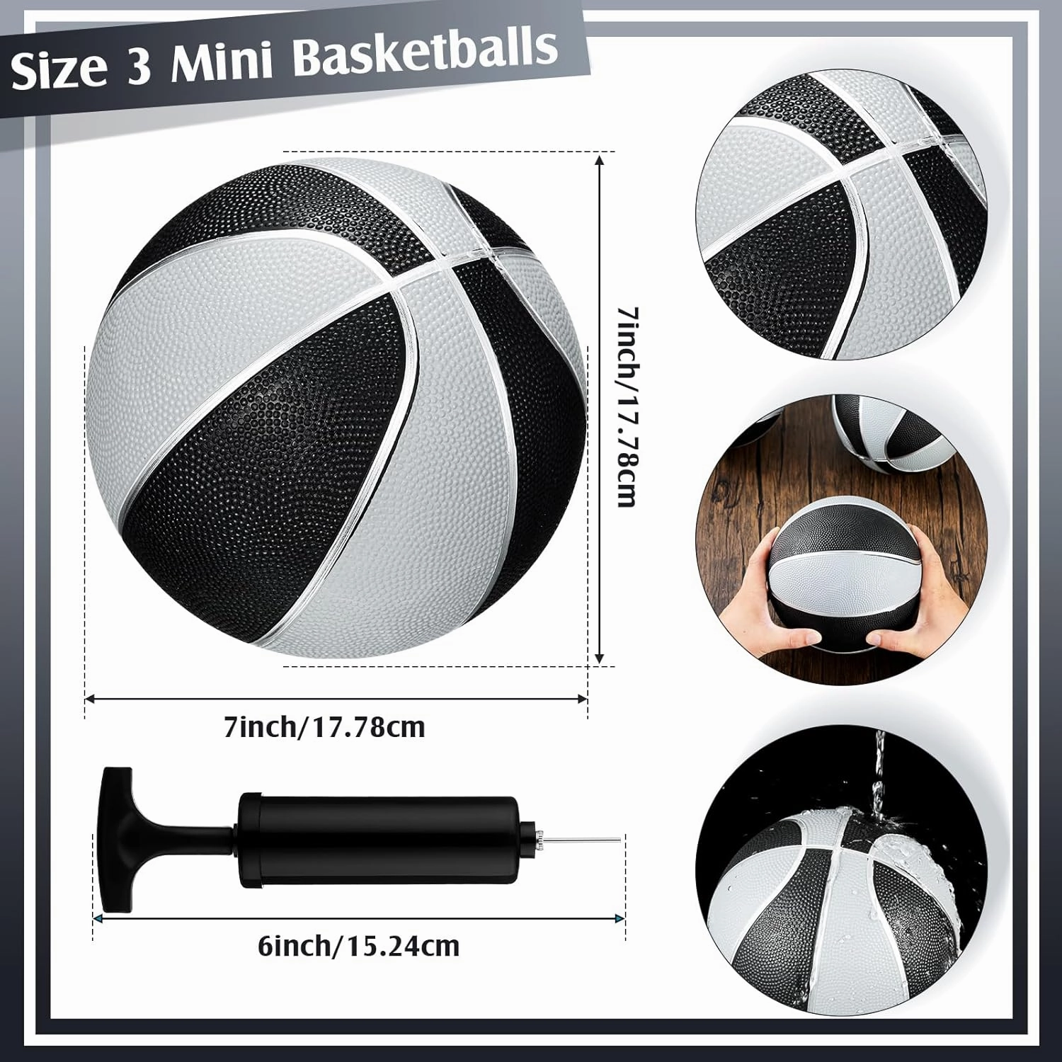 8 Pack 7 Inch Mini Rubber Basketballs Set Small Basketball with Air Pump Mini Hoop Junior Size 3 Basketballs for Beginner Arcade Games Indoor Outdoor Pool Party Favors(Black and Silver)