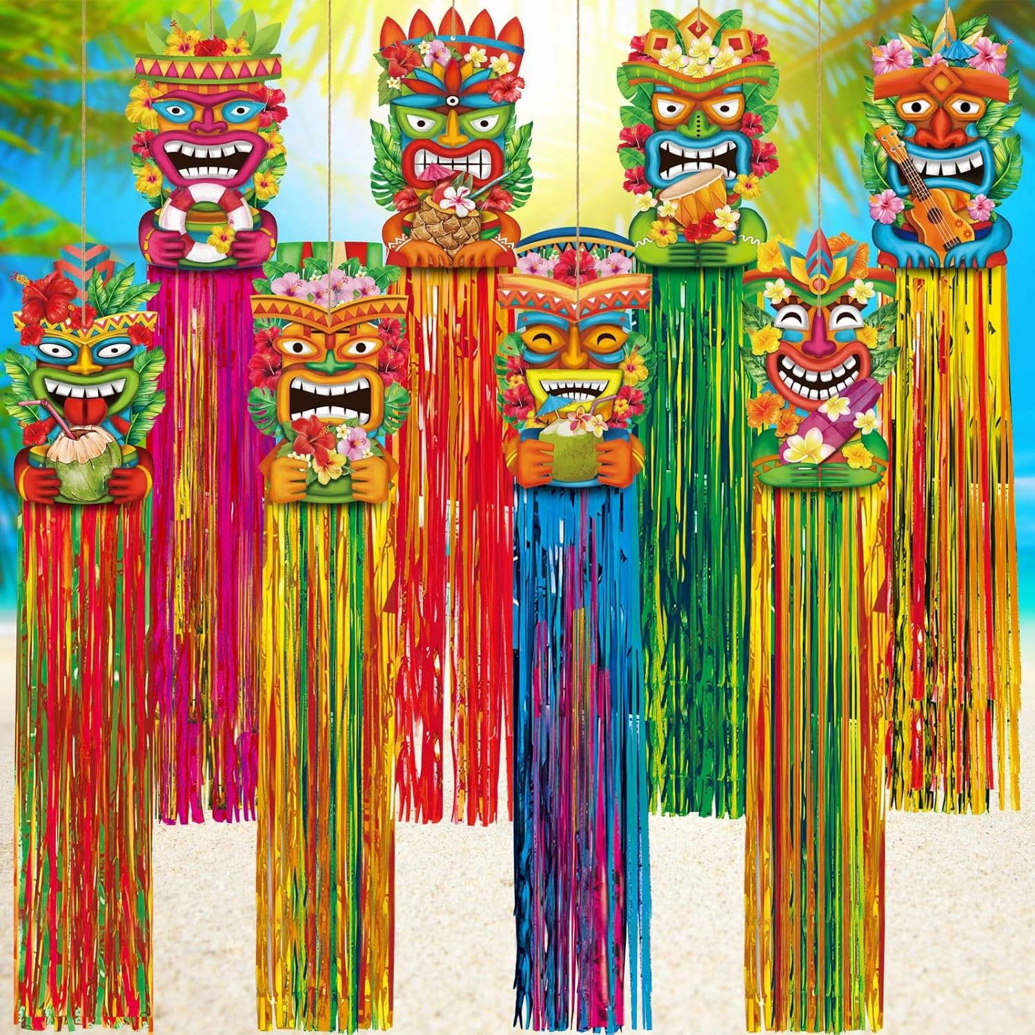 8 Pcs Hawaiian Luau Party Decoration Tiki Totem Hanging Decorations with Tassels for Aloha Hawaii Luau Tropical Birthday Party Supplies 3.3 ft Outdoor Summer Tiki Door Banner Sign Decor