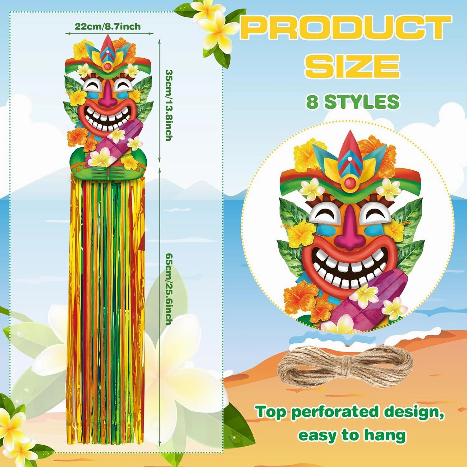 8 Pcs Hawaiian Luau Party Decoration Tiki Totem Hanging Decorations with Tassels for Aloha Hawaii Luau Tropical Birthday Party Supplies 3.3 ft Outdoor Summer Tiki Door Banner Sign Decor