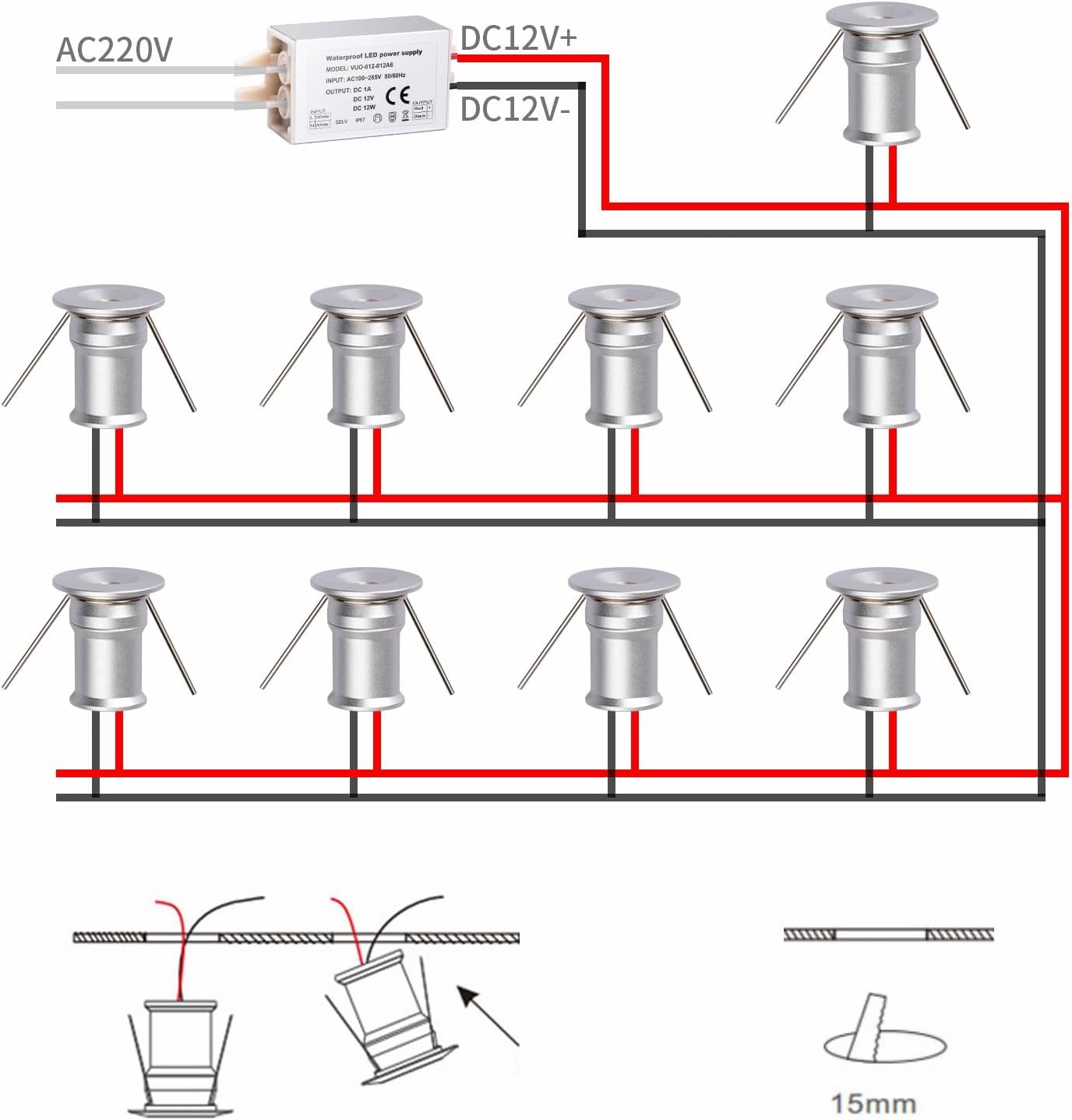 902 Led Mini Downlight DC12V 1W,Suitable for bookcases,cabinets,and Various Display cabinets as Decorative Lights,Embedded Installation,Soft Lighting,with Power Supply (3000K,Silver,9Pack)