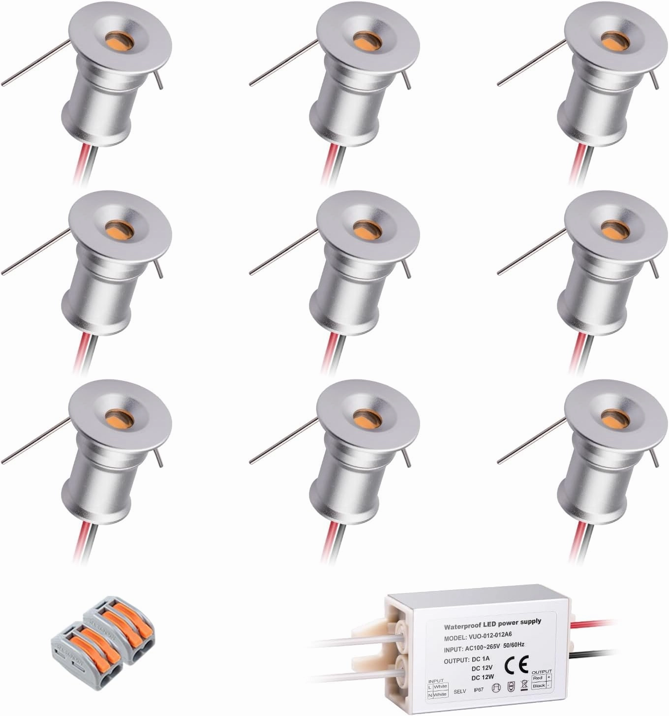 902 Led Mini Downlight DC12V 1W,Suitable for bookcases,cabinets,and Various Display cabinets as Decorative Lights,Embedded Installation,Soft Lighting,with Power Supply (3000K,Silver,9Pack)