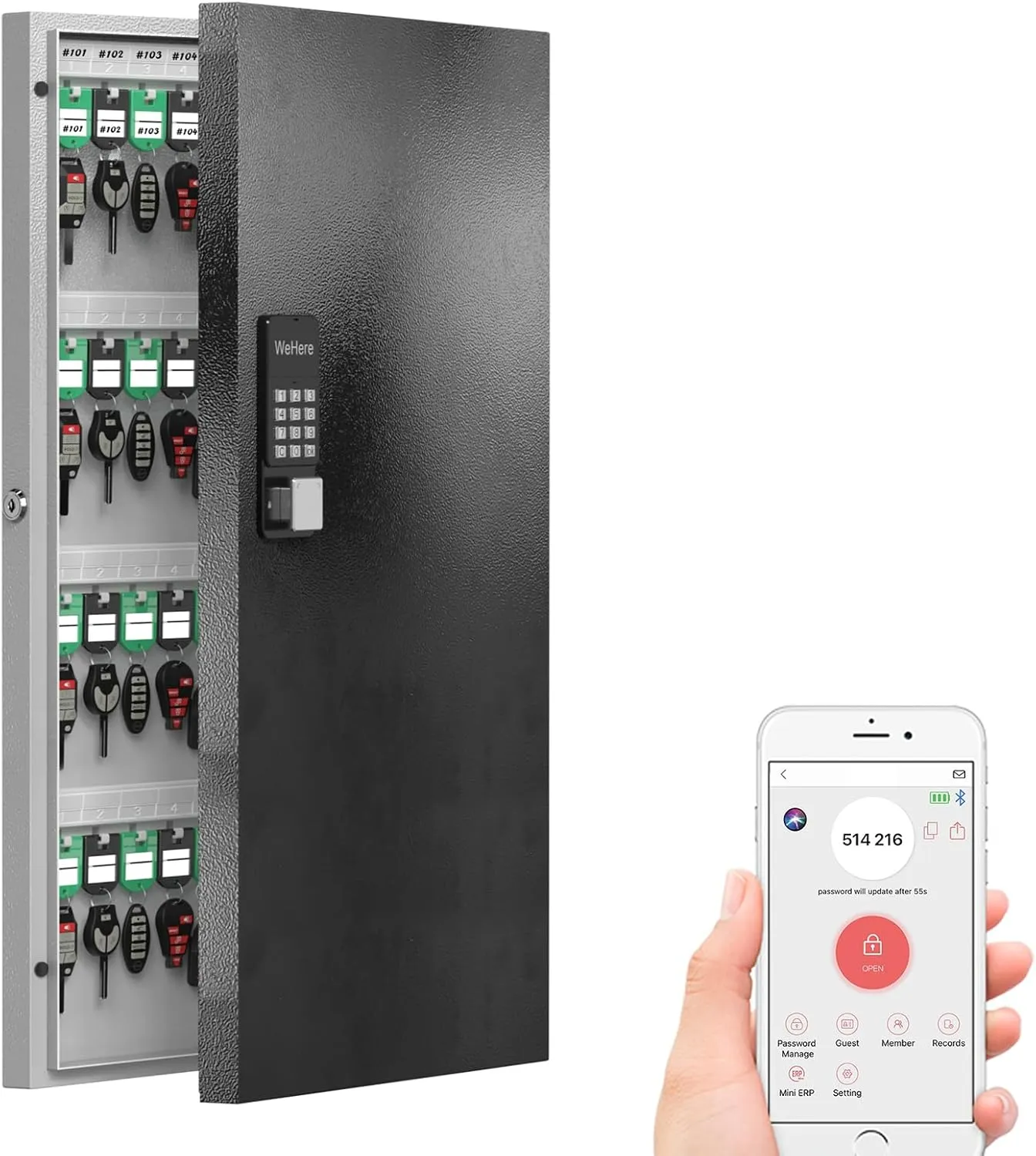 96 Key Lock Box Wall Mount, Smart Key Cabinet One Time Password/APP Bluetooth/Fixed Code/Wi-Fi Remote/Key Unlock, Security Storage Key Holder Box, Key Management for Valets, Realtors, Office, Hotel