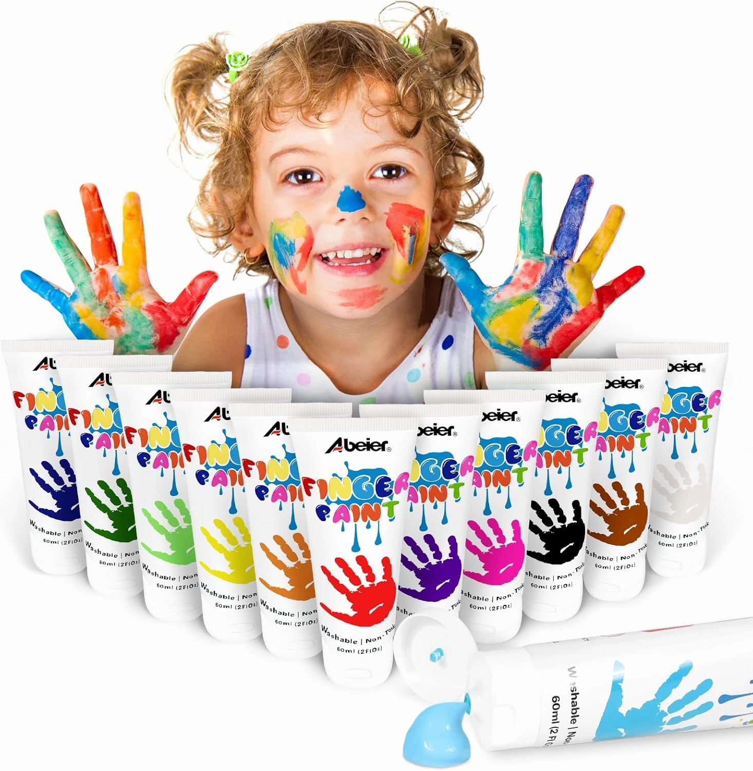 ABEIER Washable Finger Paint for Toddlers, Safe Non-Toxic, 12 x 2oz Vibrant Colors, Baby Safe Paint for Hand and Feet, Mess Free Art Supplies for Kids, Preschool Learning Gifts, Ages 1-3 4 5 6 